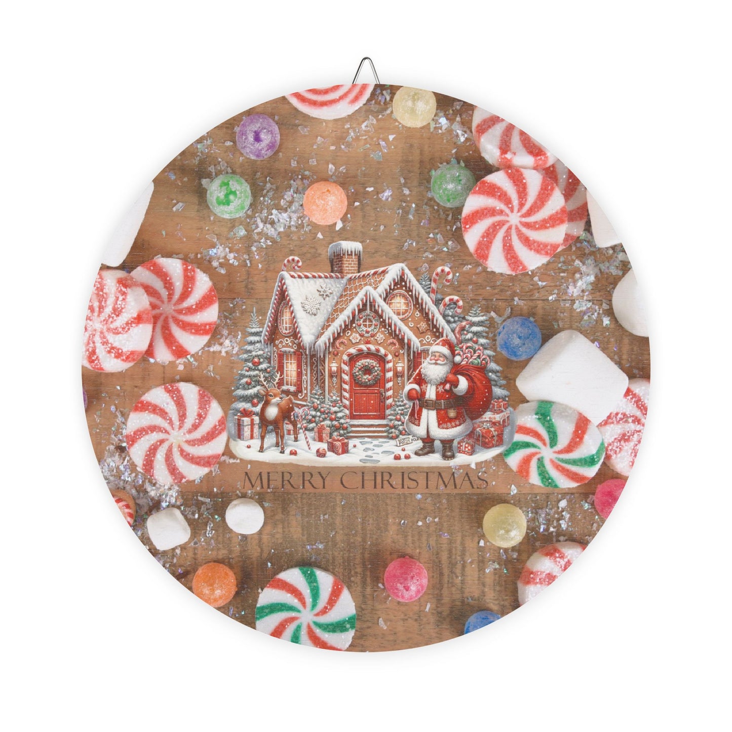 Rustic Charm Gingerbread House & Santa Claus Wood Signs With Candy Background.