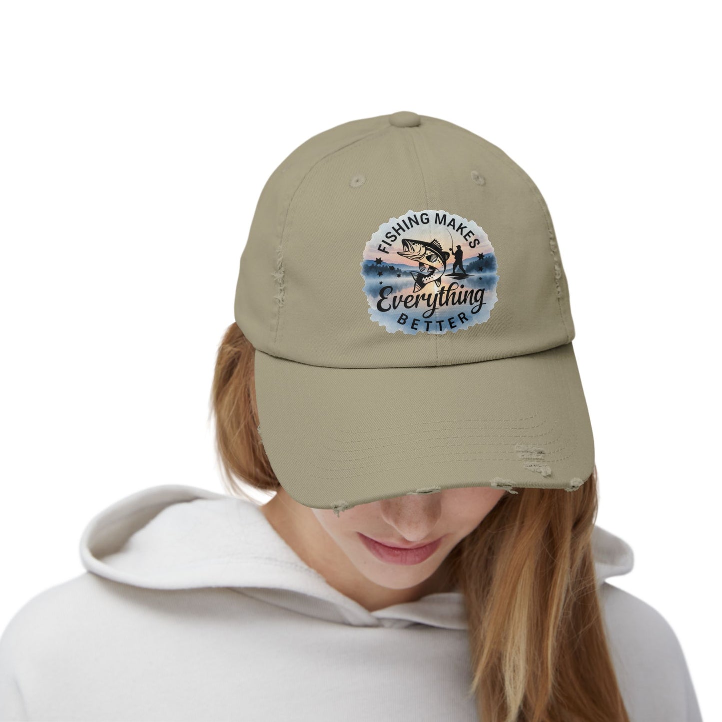 Fishing Humor "Fishing Makes Everything Better" Distressed Cap | Unisex Summer Hat, Fishing Accessories, Outdoor Gear, Gift for Anglers, Casual Headwear