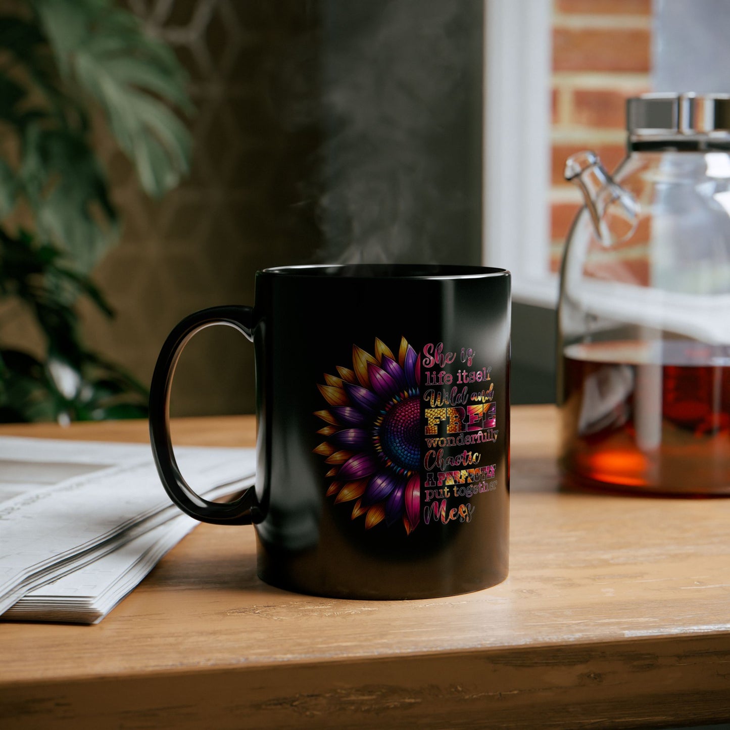 Inspirational Black Mug with Colorful Flower Design - Perfect Gift for Women