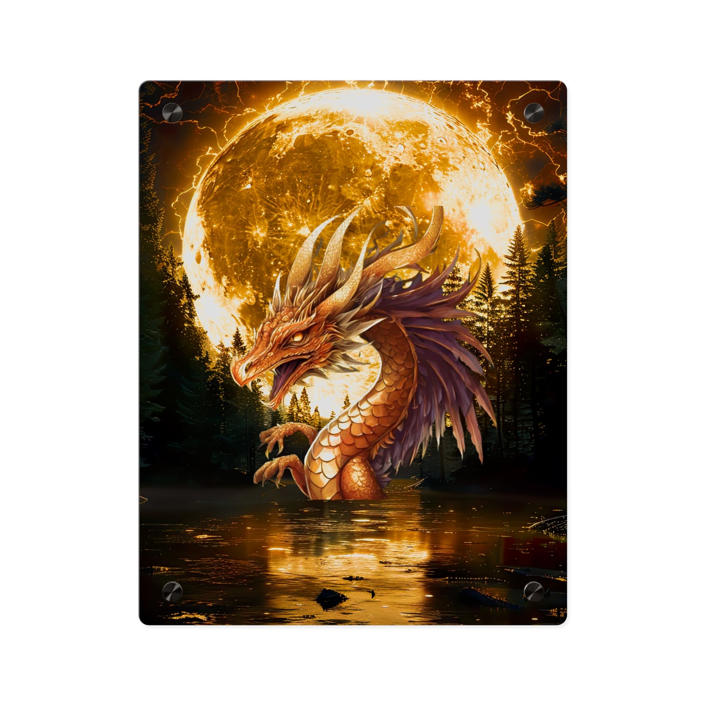 Gothic Theme Acrylic Wall Art Panel, Purple Dragon with Moon Background, Dragon Lovers, For Anyone, Accent for Any Room