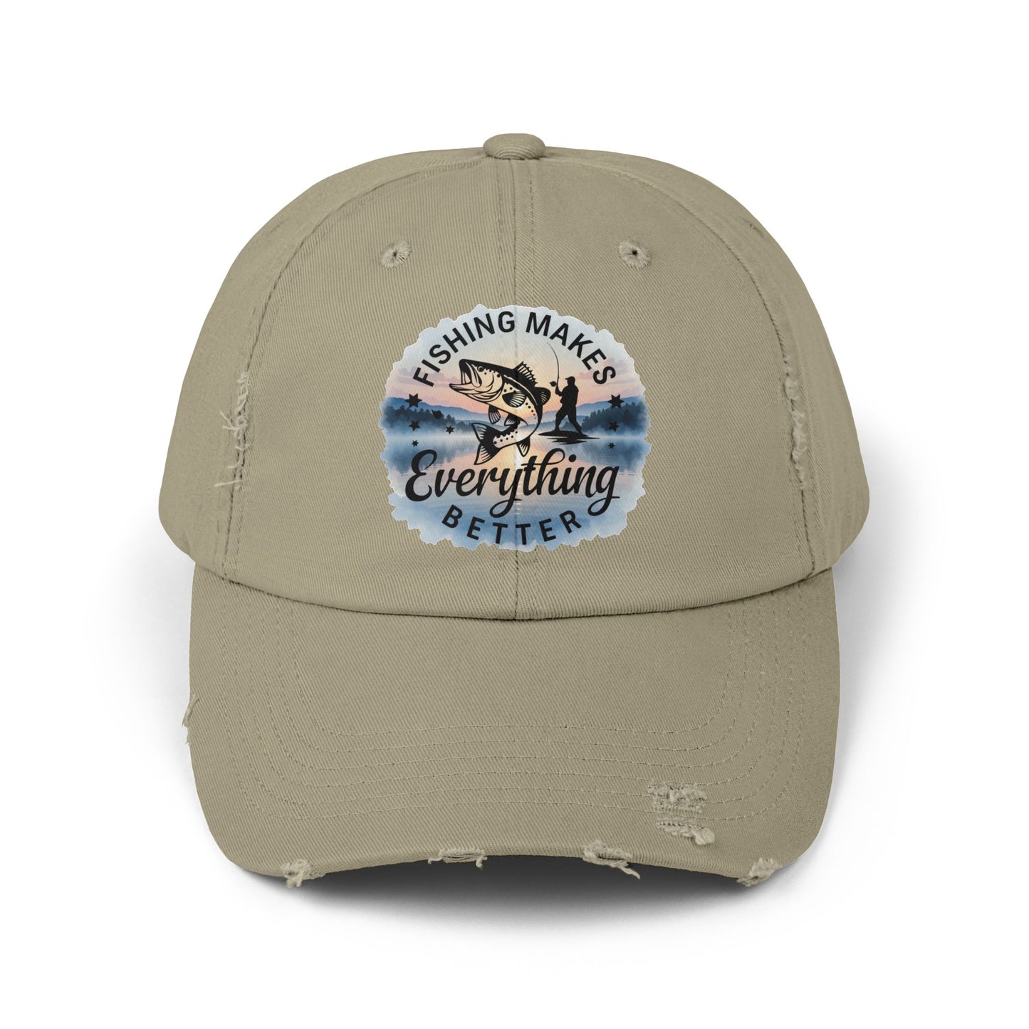 Fishing Humor "Fishing Makes Everything Better" Distressed Cap | Unisex Summer Hat, Fishing Accessories, Outdoor Gear, Gift for Anglers, Casual Headwear