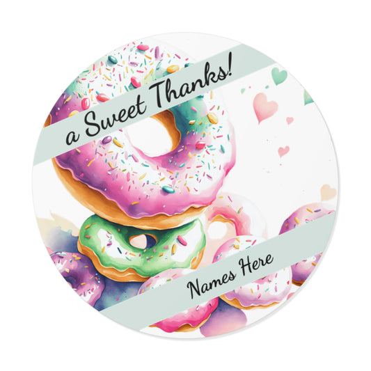 Sample Personalized Donut Round Vinyl Stickers | Sweet Thanks, Gift Labels, Party Favors, Wedding Decor, Custom Stickers