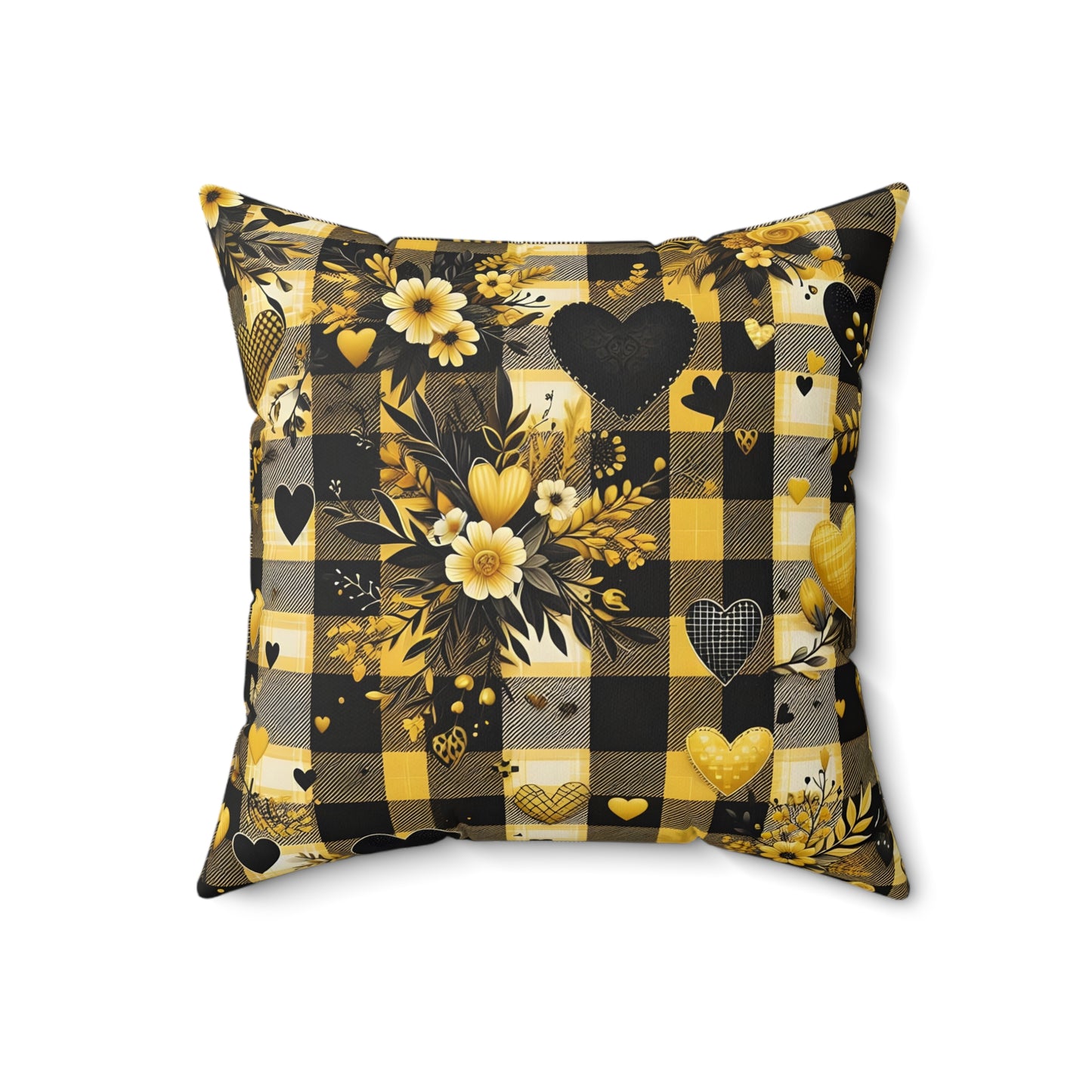 Decorative Spun Polyester Square Pillow with Floral and Hearts Plaid Pattern