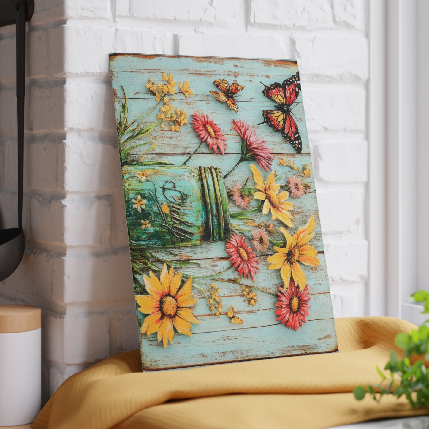 Floral Mason Jar Glass Cutting Board - Rustic Charm