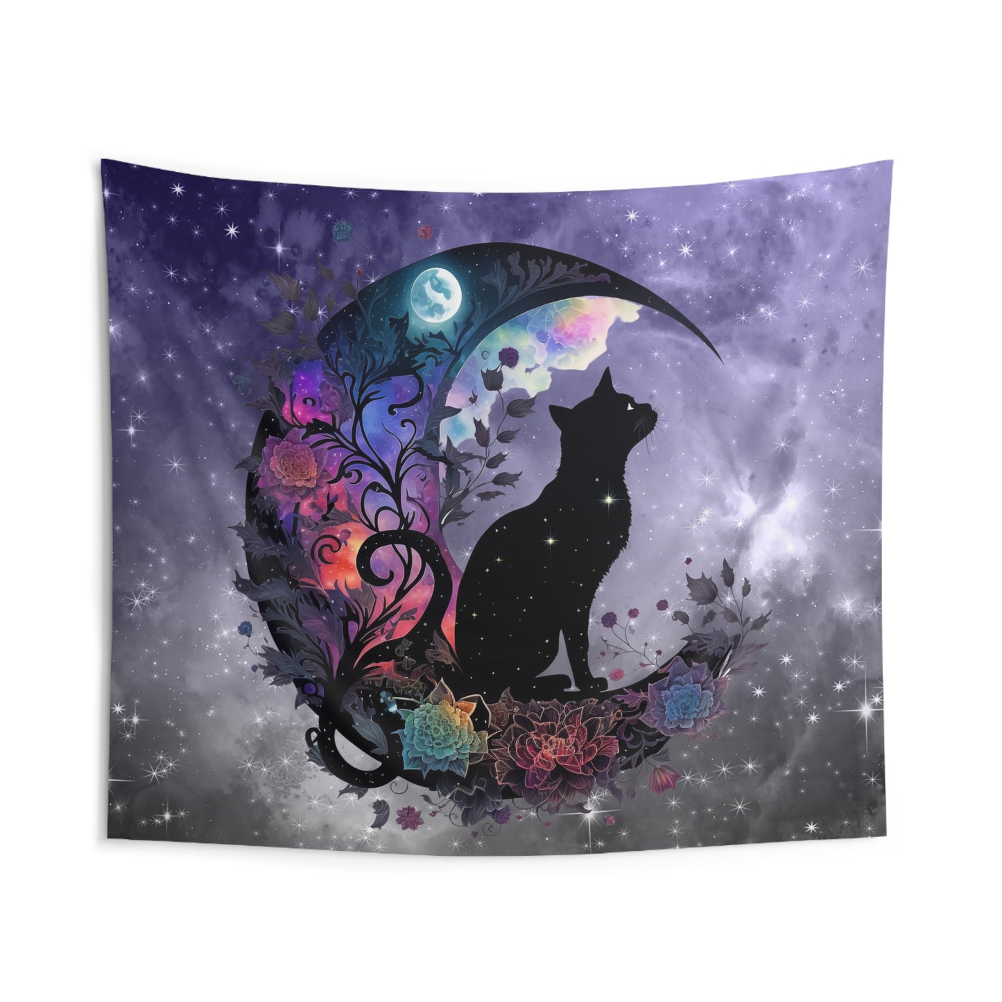 Celestial Cat Wall Tapestry, Bohemian Decor, Gothic Home Art, Cat Lover Gift, Bedroom Wall Hanging, Mystical Room Decor