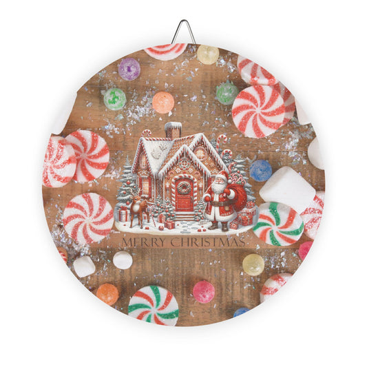 Rustic Charm Gingerbread House & Santa Claus Wood Signs With Candy Background.