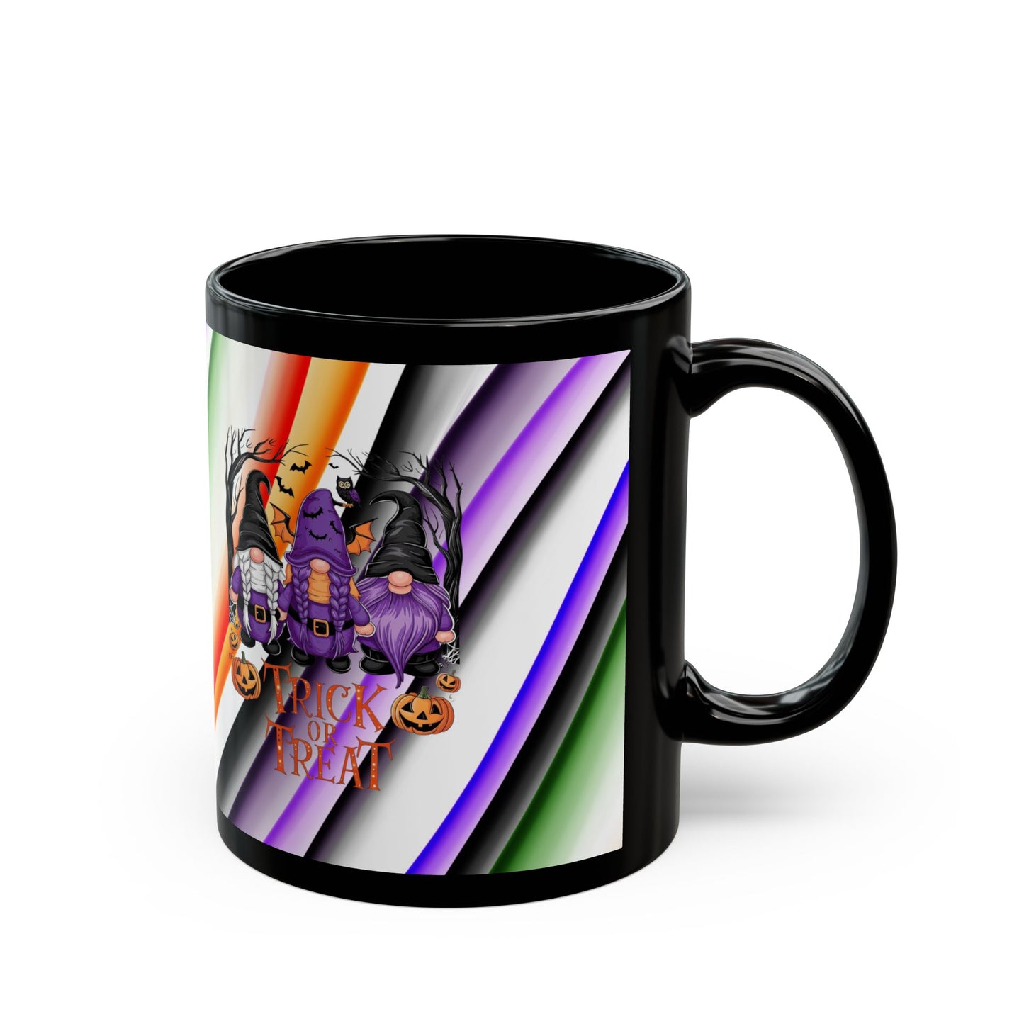 Halloween Theme Black Mug (11oz, 15oz), Cute Halloween Expression with Gnomes, Halloween Lovers, Gnome Lovers, Coffee, Tea, Hot Chocolate Lovers Gift Idea