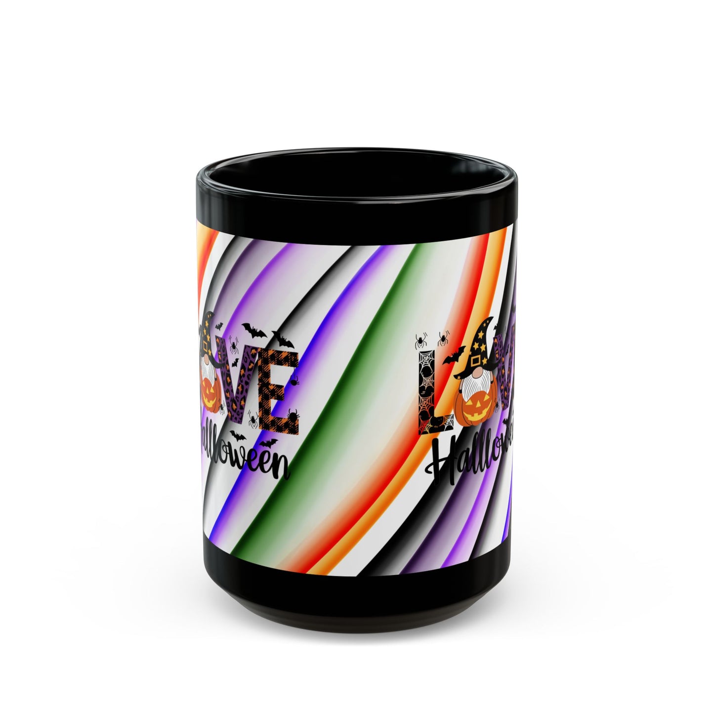 Halloween Theme with Gnome Black Mug (11oz, 15oz) Halloween Lovers, Coffee, Tea, Hot Chocolate lovers, Great Gift Idea for Any Occasion for Anyone