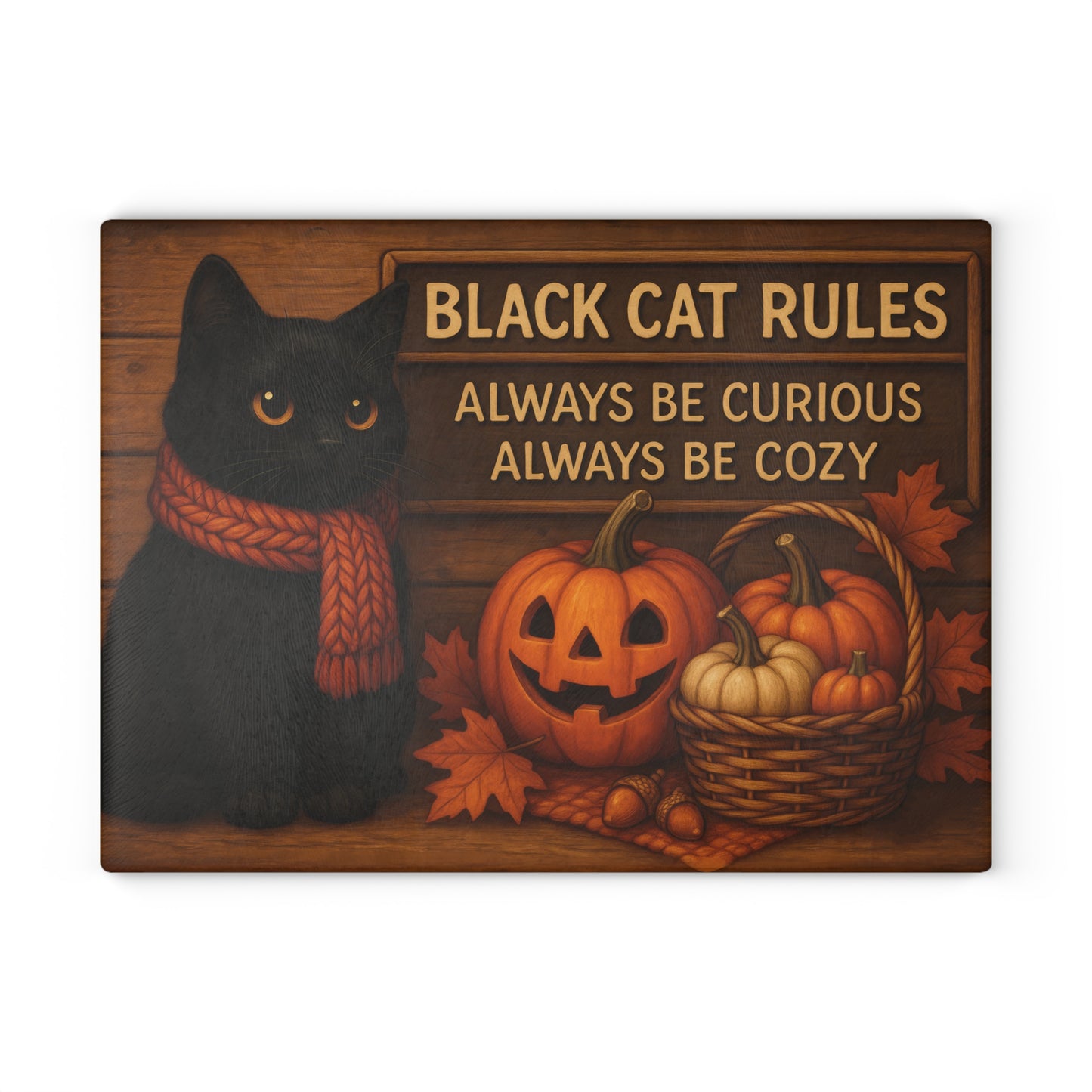 Black Cat Rules Glass Cutting Board - Always Be Curious, Always Be Cozy