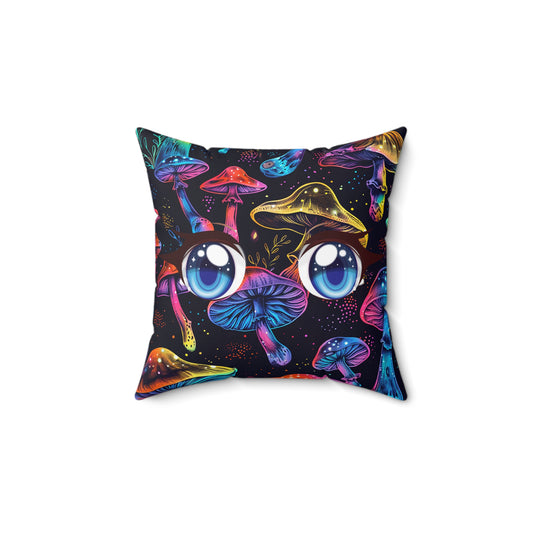 Decorative Spun Polyester Square Pillow, Stylish Mushroom Pattern with Eyes Decor for Home or Office, Gift Idea for Any Occasion for Anyone