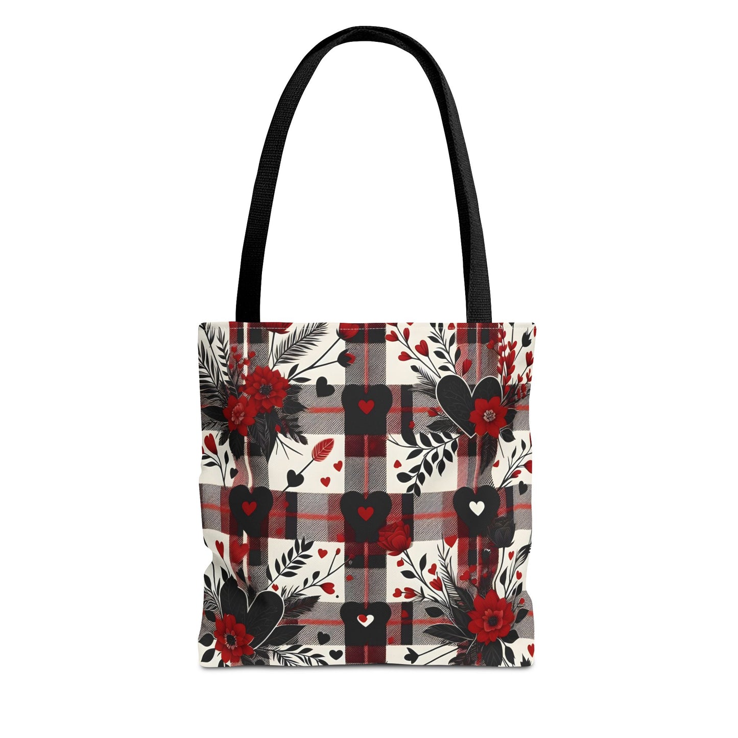 Fashionable Valentine Tote Bag (AOP) with Flowers and Hearts Plaid Design Pattern