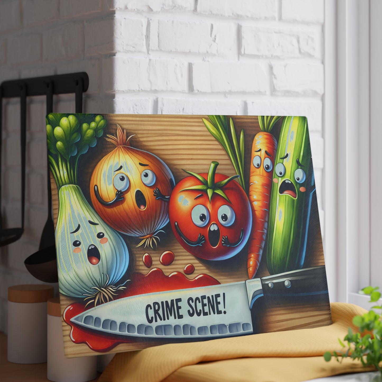 Funny Crime Scene Glass Cutting Board - Cartoon Veggies Design