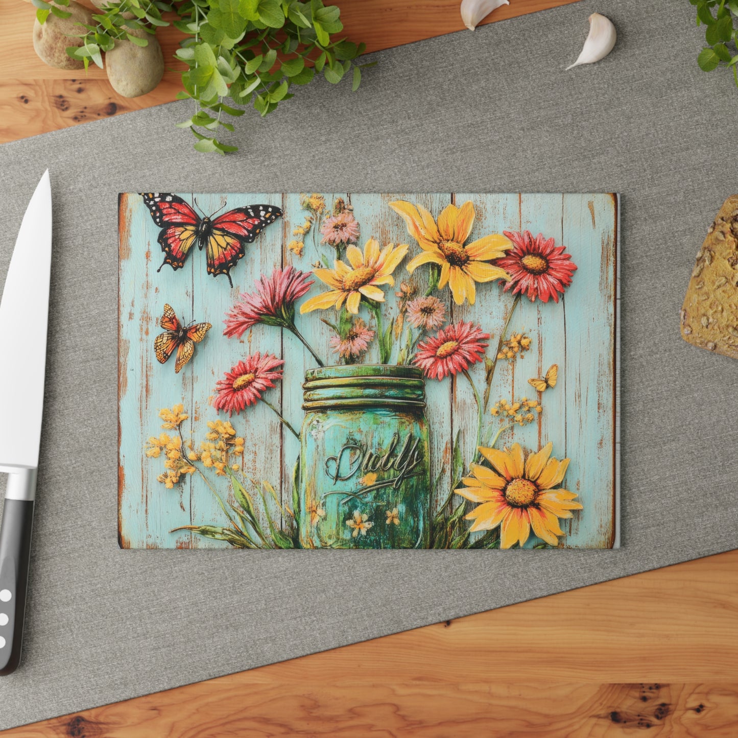 Floral Mason Jar Glass Cutting Board - Rustic Charm