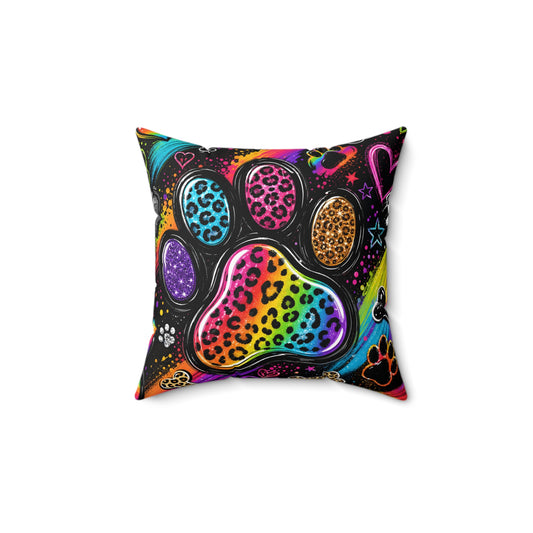Rainbow Leopard Paw Print Throw Pillow — Colorful Pet Lover Decorative Cushion