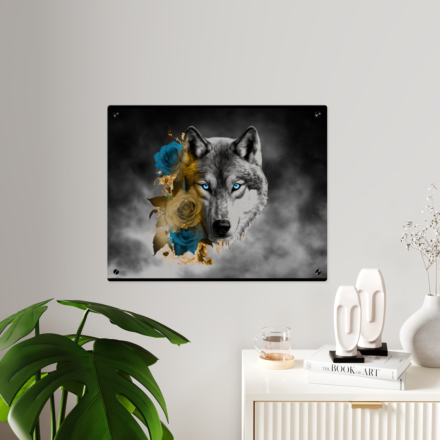 Lively Wolf Acrylic Wall Art Panel - Blue Roses Decor