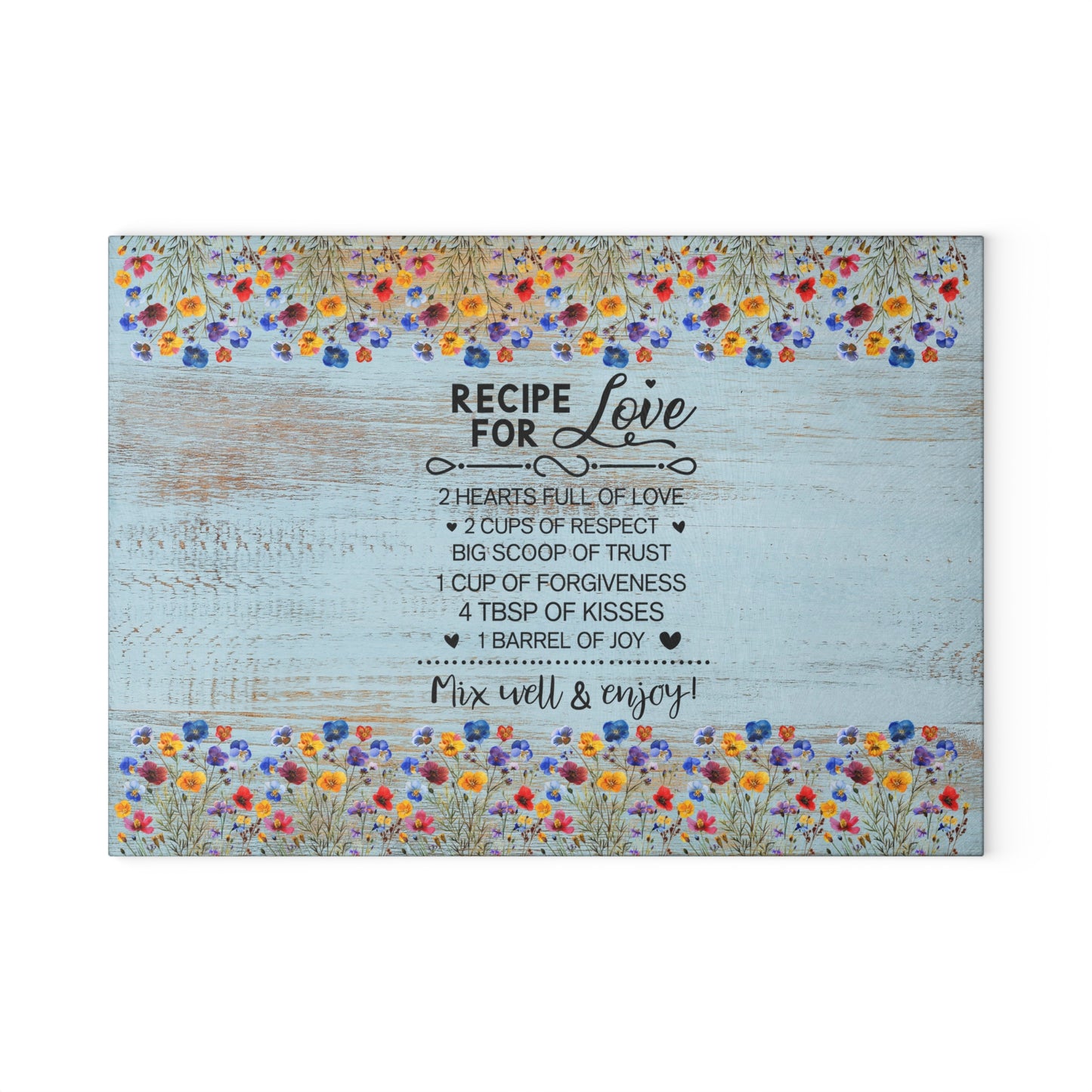 Glass Cutting Board - "Recipe for Love" Floral Kitchen Decor, Decorative Tempered Glass Chopping Board, Wedding & Mother’s Day Gift