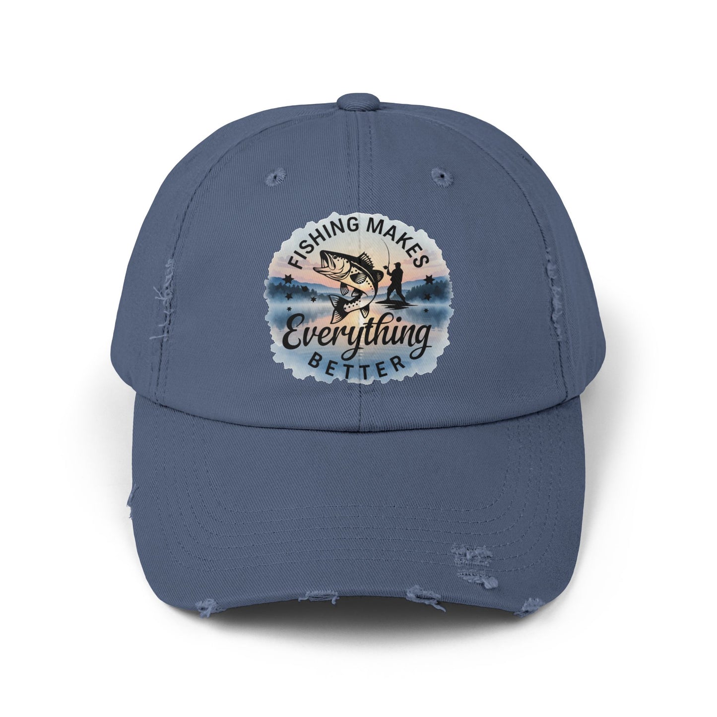 Fishing Humor "Fishing Makes Everything Better" Distressed Cap | Unisex Summer Hat, Fishing Accessories, Outdoor Gear, Gift for Anglers, Casual Headwear