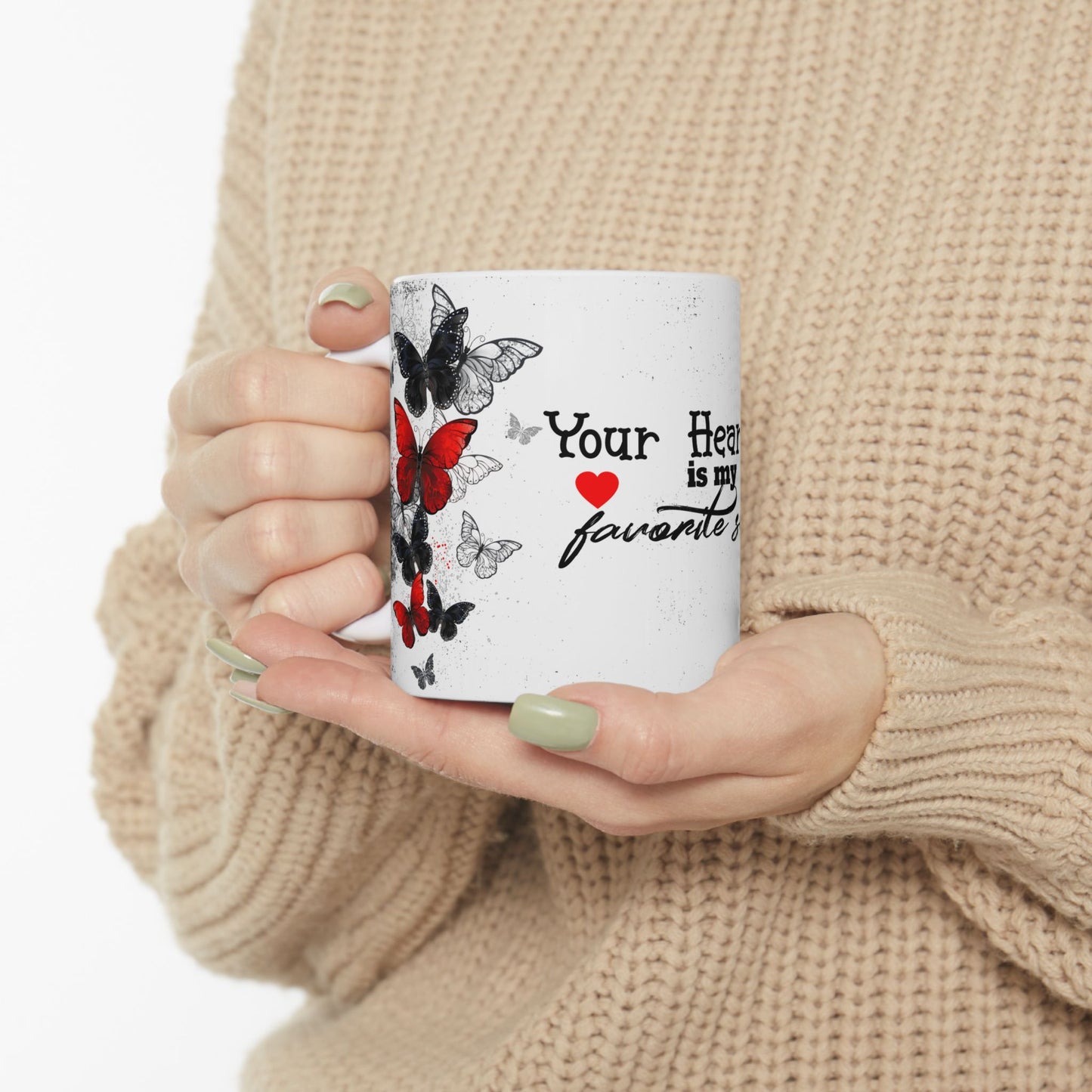 Romantic Heartbeat With Butterflies Ceramic Mug – “Your Heartbeat Is My Favorite Song” Gift