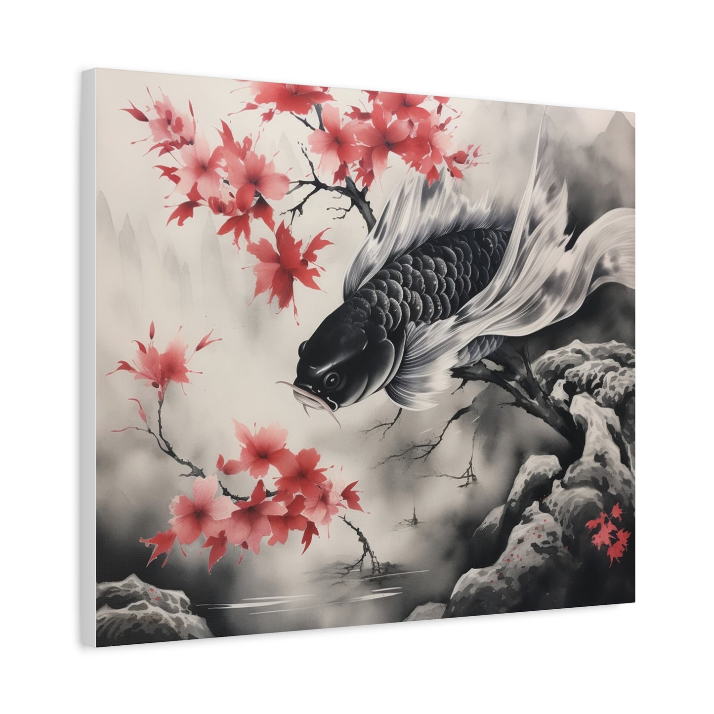 Koi Fish Artwork Canvas Wall Art Print - Elegant Decorative Wall Art with Cherry Blossoms