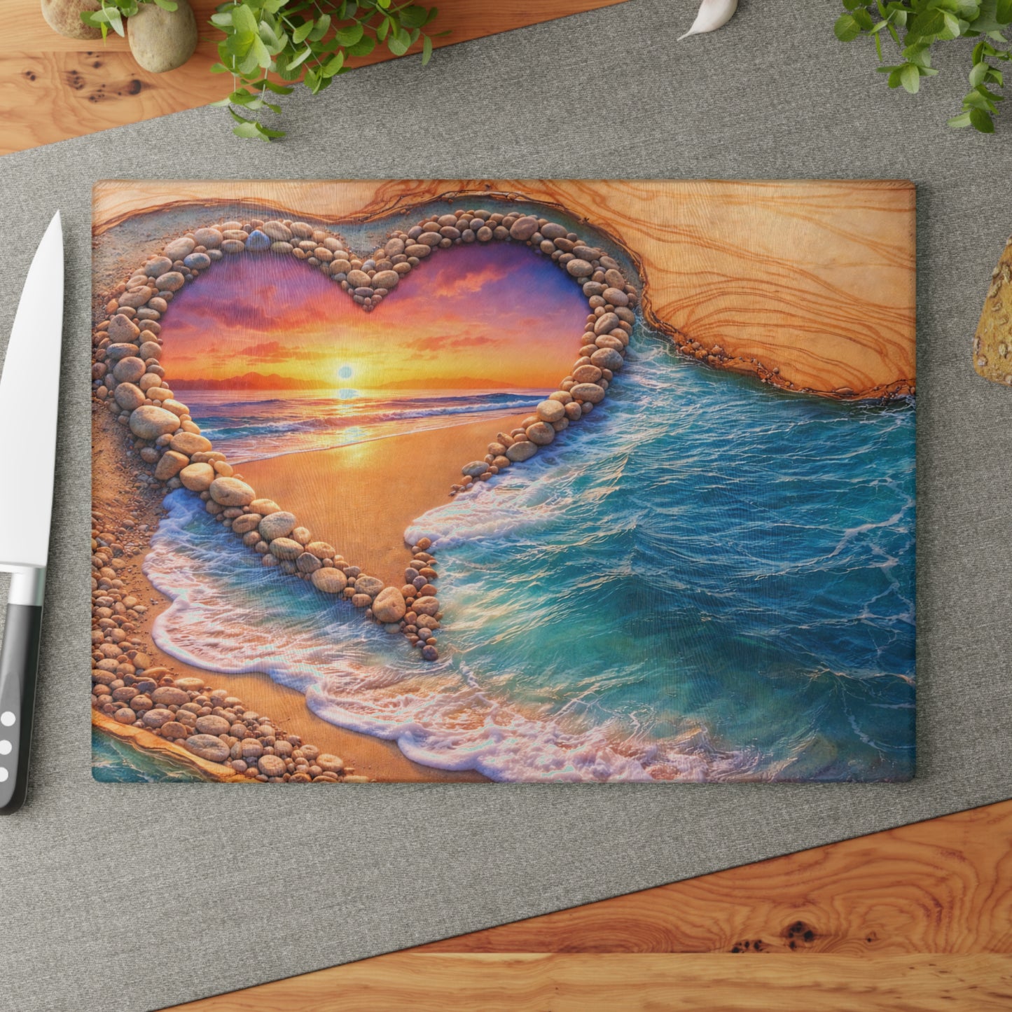 Glass Cutting Board - Heart Beach Sunset Seaside Design