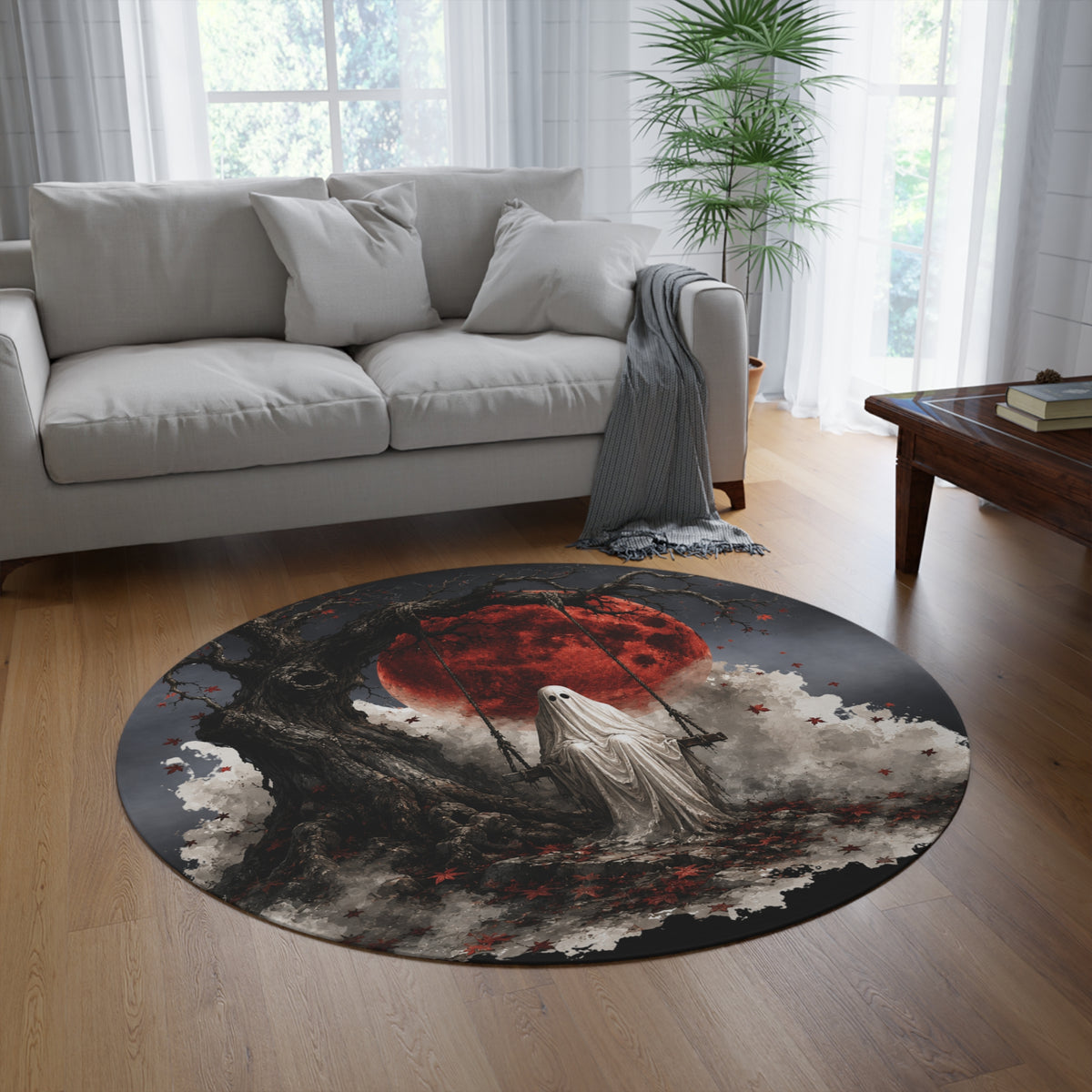 Halloween Swinging Ghost Red Moon Round Rug