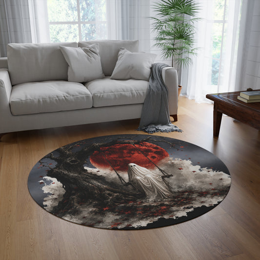Halloween Swinging Ghost Red Moon Round Rug