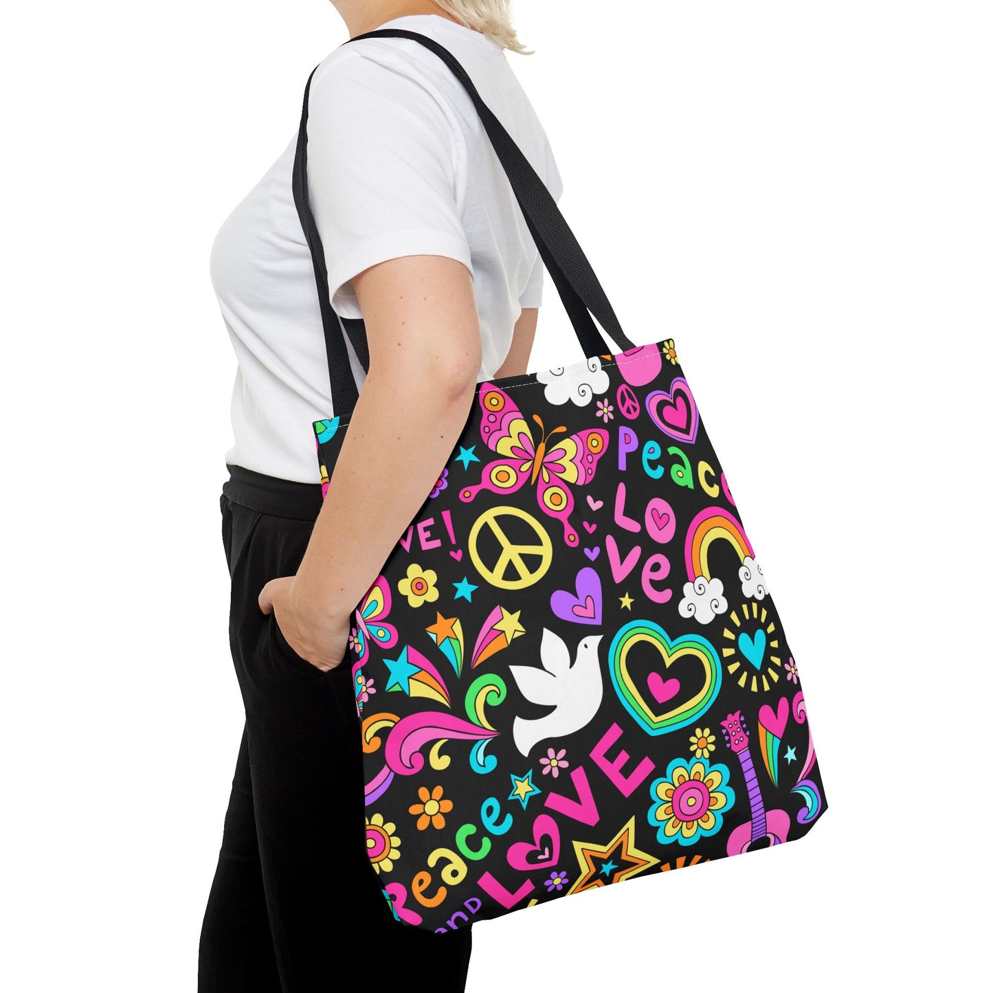 Fashionable Tote Bag (AOP), Stylish, Peace Lovers, Hippie Theme, Great Gift Idea for Birthdays, Holidays or Any Occasion for Anyone