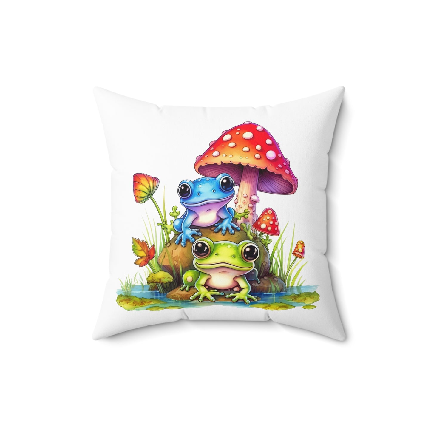 Decorative Spun Polyester Square Pillow, Stylish Mushroom with Frogs Decor for Home or Office, Gift Idea for Any Occasion for Anyone
