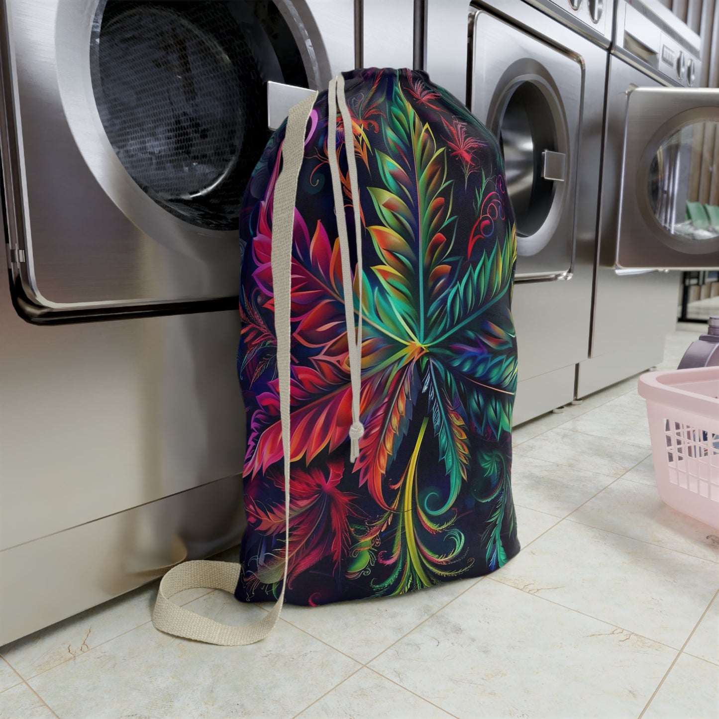 Laundry Bag — Vibrant Botanical Leaf Print Drawstring Laundry Bag
