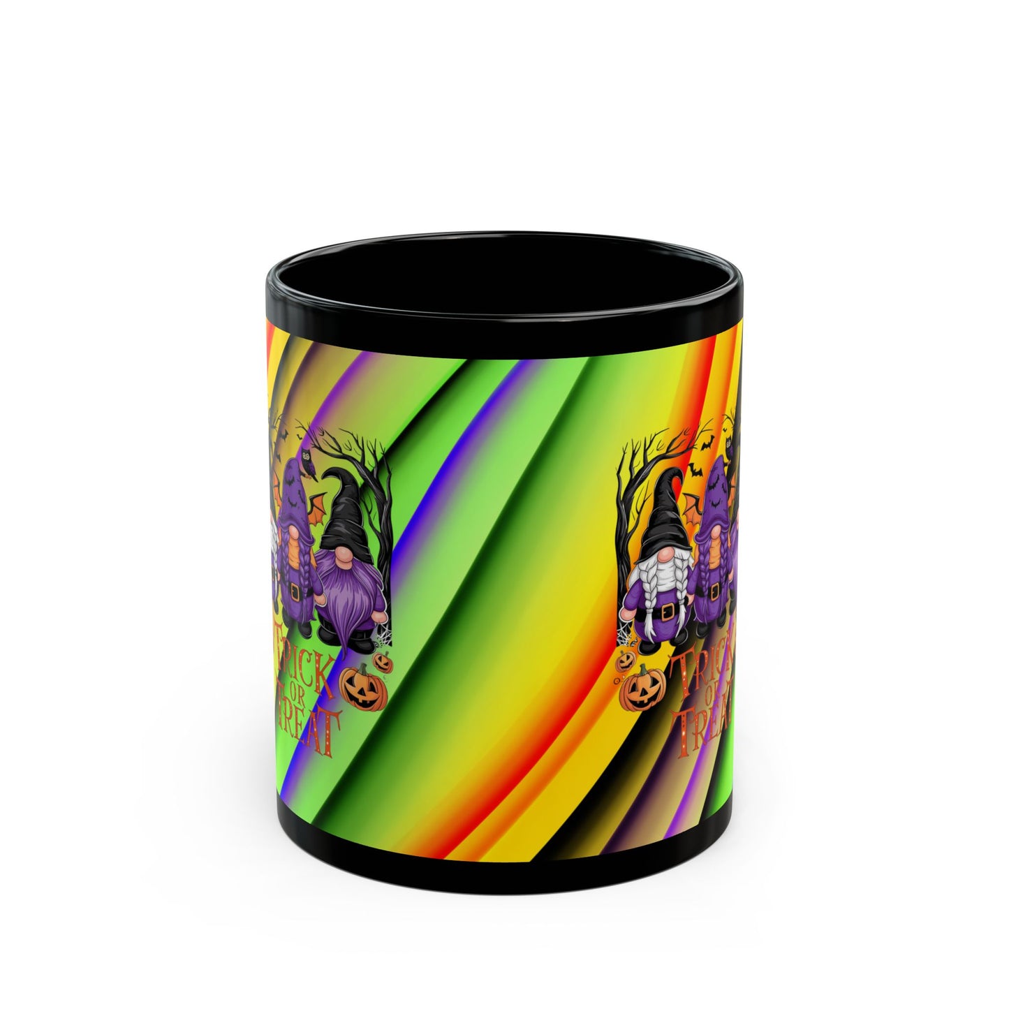 Halloween Theme Black Mug (11oz, 15oz), Cute Halloween Expression with Gnomes, Halloween Lovers, Gnome Lovers, Coffee, Tea, Hot Chocolate Lovers Gift Idea