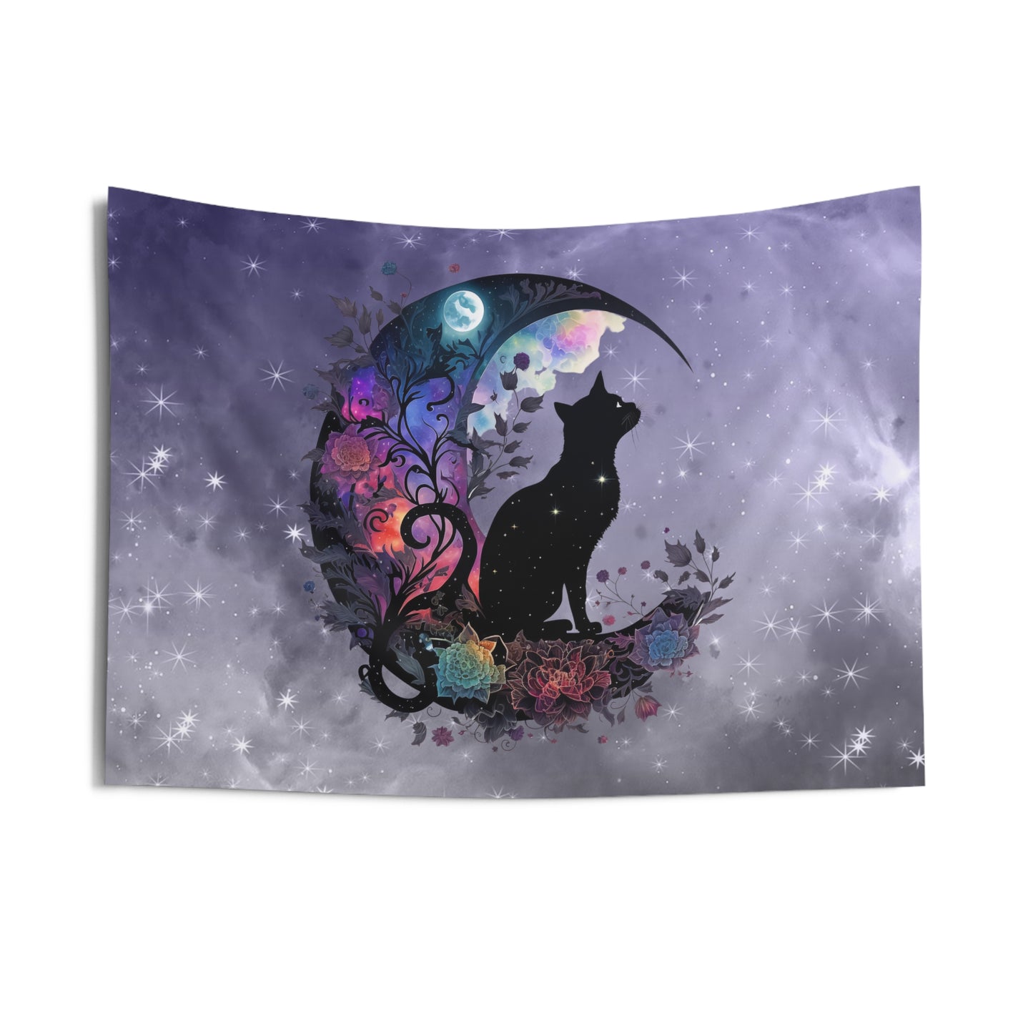 Celestial Cat Wall Tapestry, Bohemian Decor, Gothic Home Art, Cat Lover Gift, Bedroom Wall Hanging, Mystical Room Decor