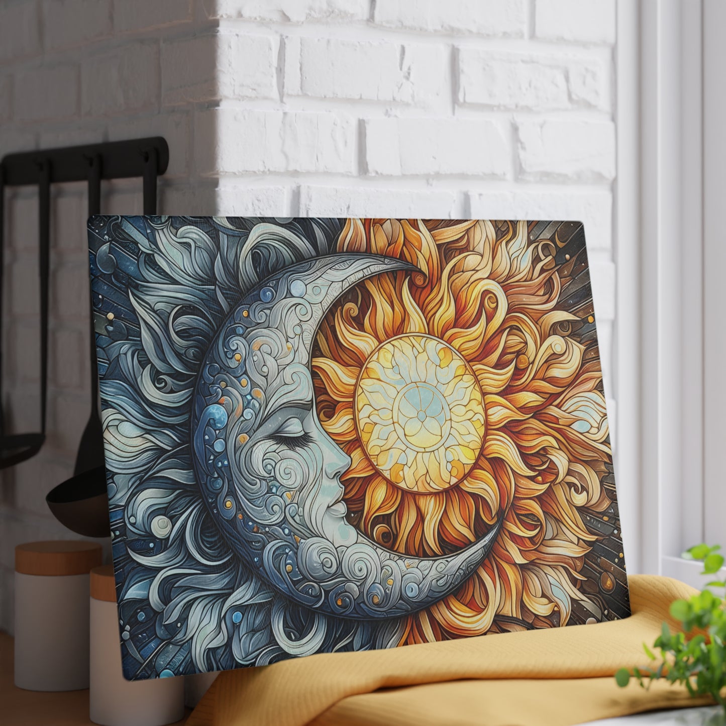 Sun and Moon Design Glass Cutting Board - Decorative Kitchen Art