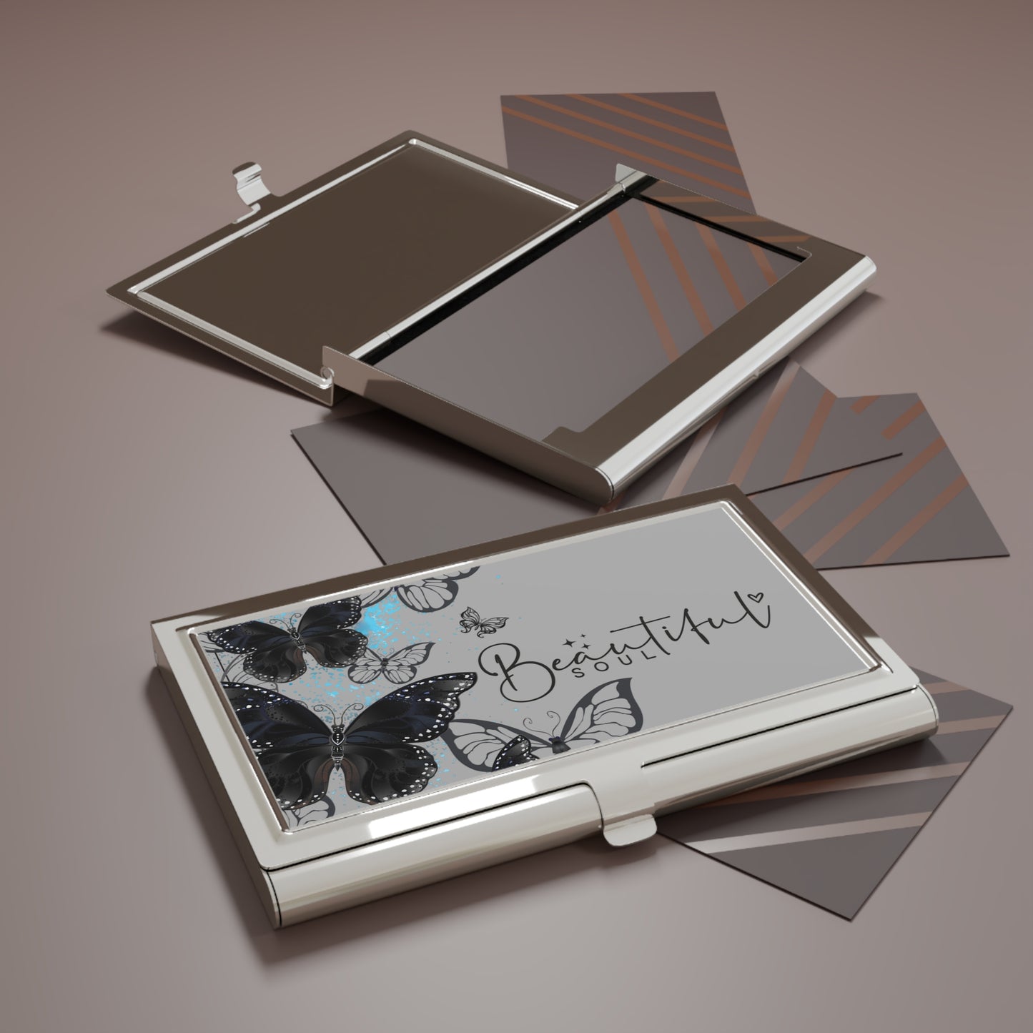 Beautiful Soul Butterfly Business Card Holder — Elegant Floral Metal Card Case