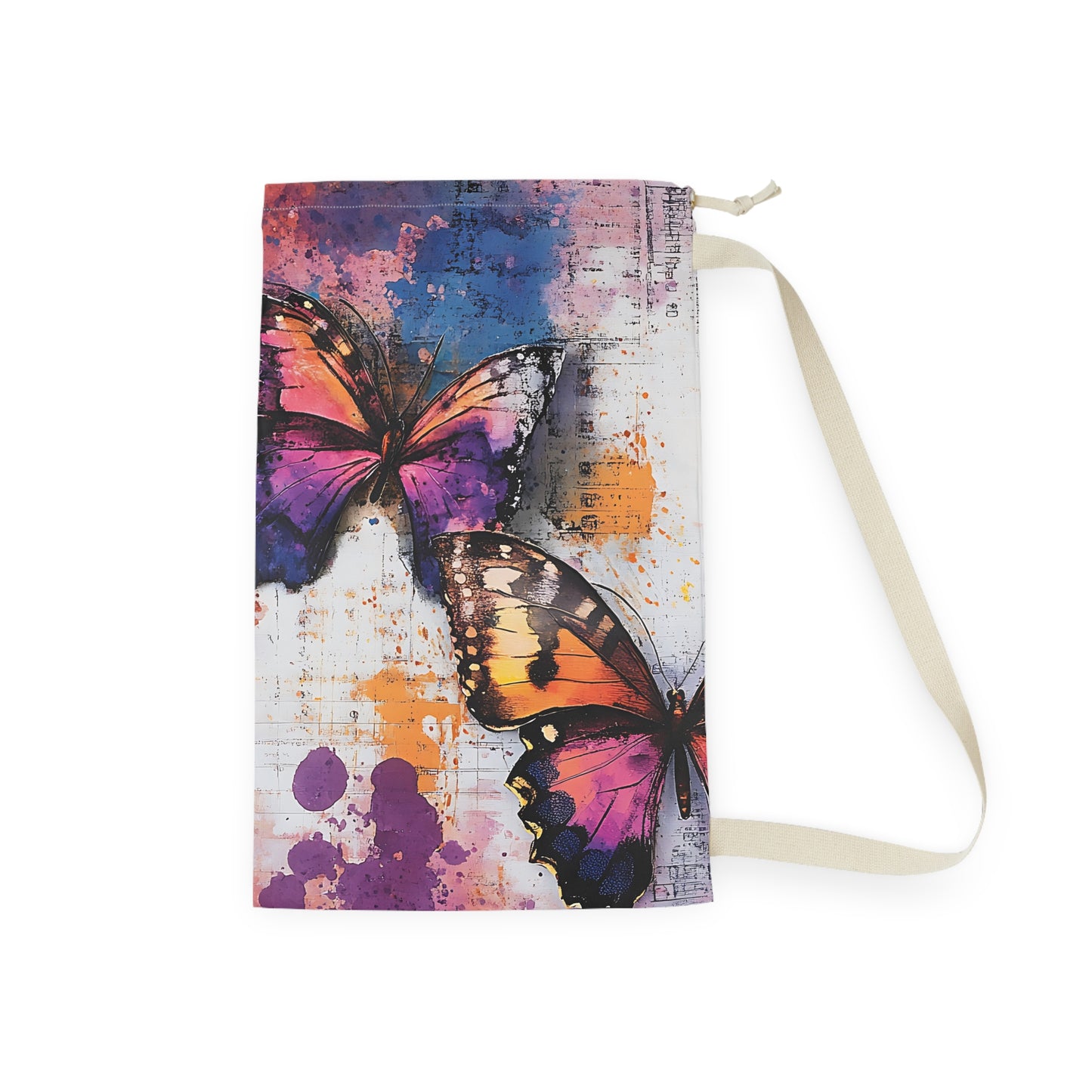 Butterfly Watercolor Laundry Bag — Colorful Drawstring Wash Bag for Travel & Dorm