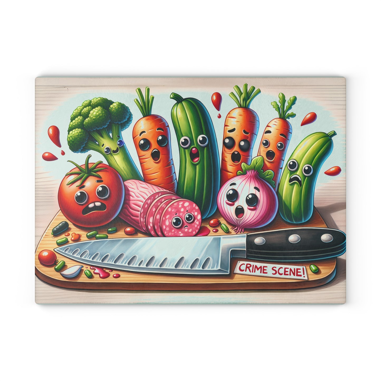 Whimsical Glass Cutting Board - ‘Crime Scene’ Vegetable Design for Fun Cooking