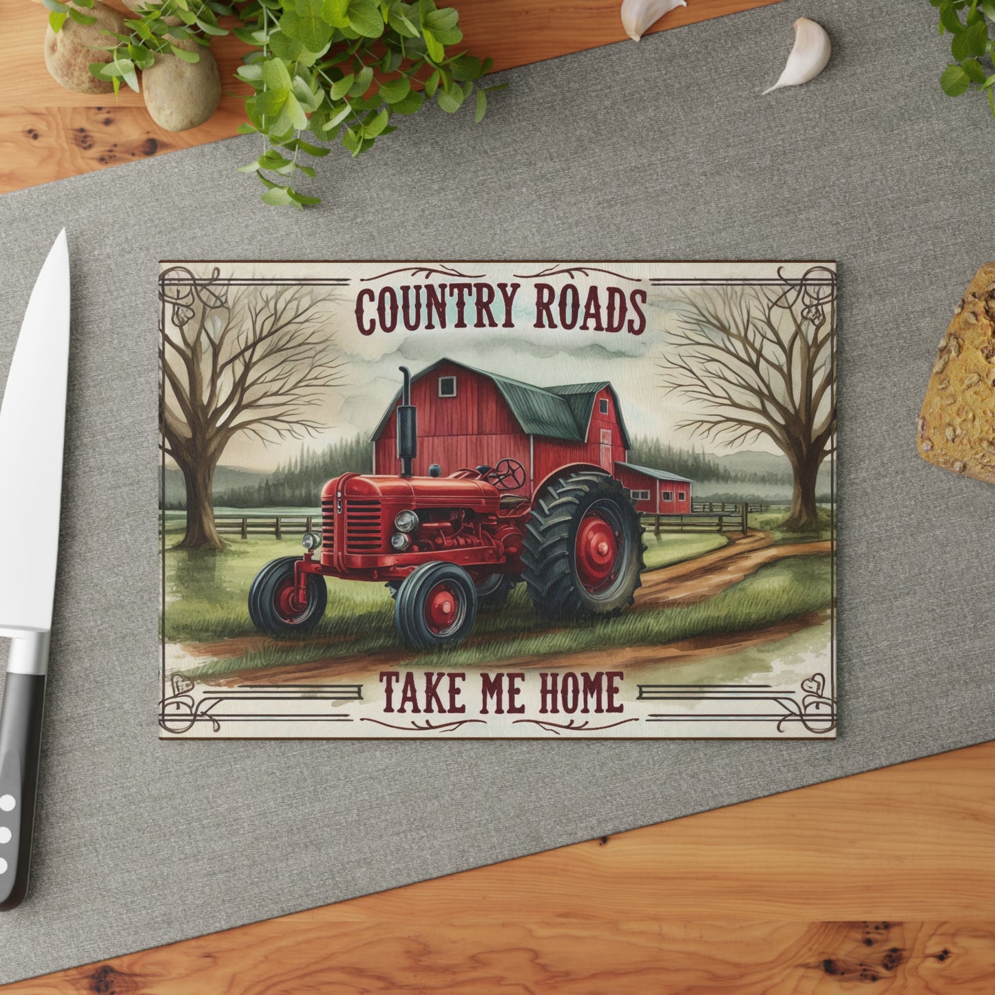 Rustic Farmhouse Glass Cutting Board with "Country Roads Take Me Home" Design