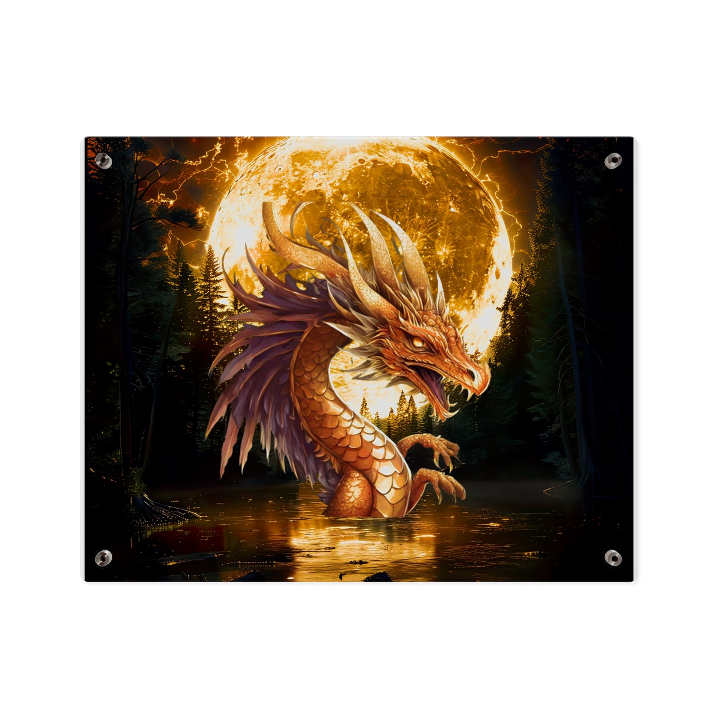 Gothic Theme Acrylic Wall Art Panel, Purple Dragon with Moon Background, Dragon Lovers, For Anyone, Accent for Any Room