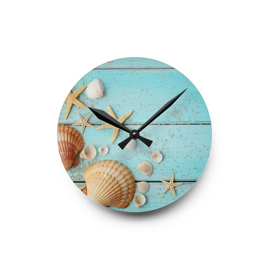 Sea Shells Acrylic Wall Clock - Coastal Beach Home Office Decor