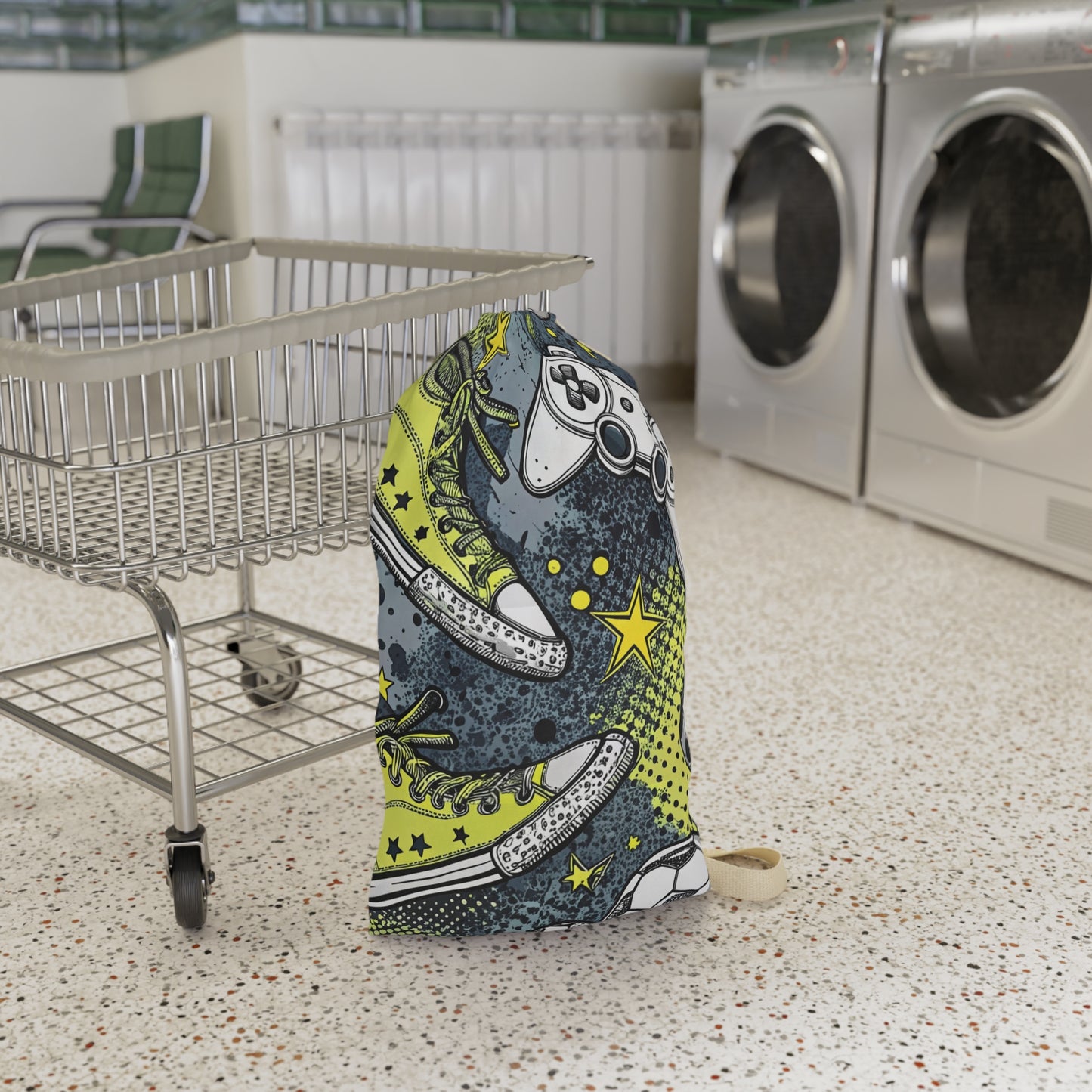 Sports & Gaming Laundry Bag — Soccer Ball, Sneakers & Controller Print