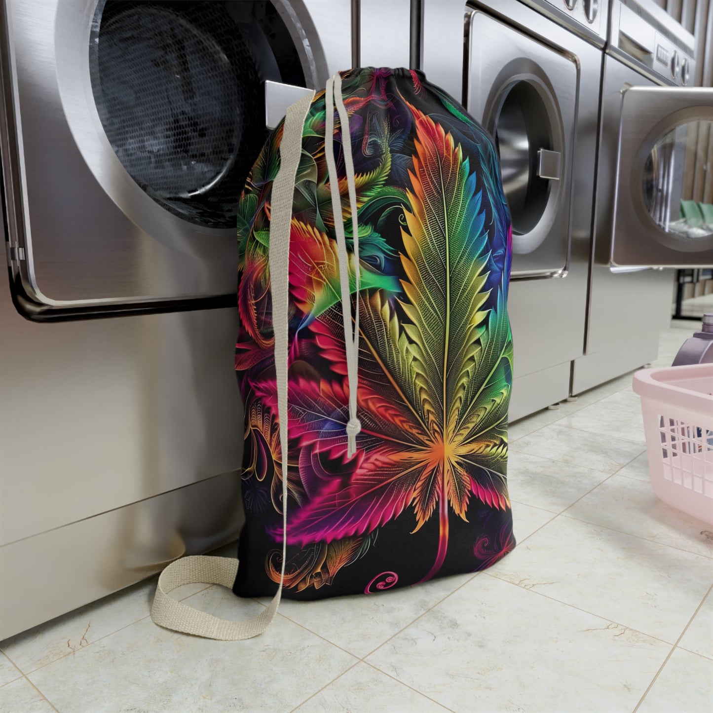 Botanical Rainbow Leaf Laundry Bag — Vibrant Drawstring Clothes Pouch