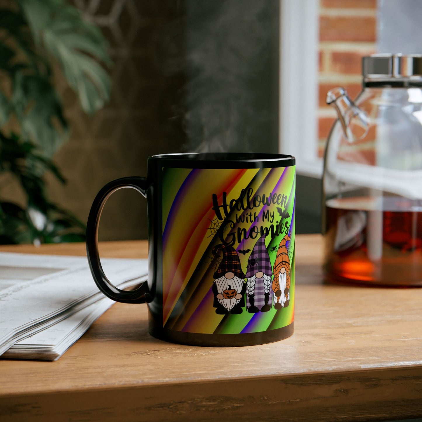 Halloween Theme Black Mug (11oz, 15oz), Cute Halloween Expression with Gnomes, Halloween Lovers, Gnome Lovers, Coffee, Tea, Hot Chocolate Lovers Gift Idea