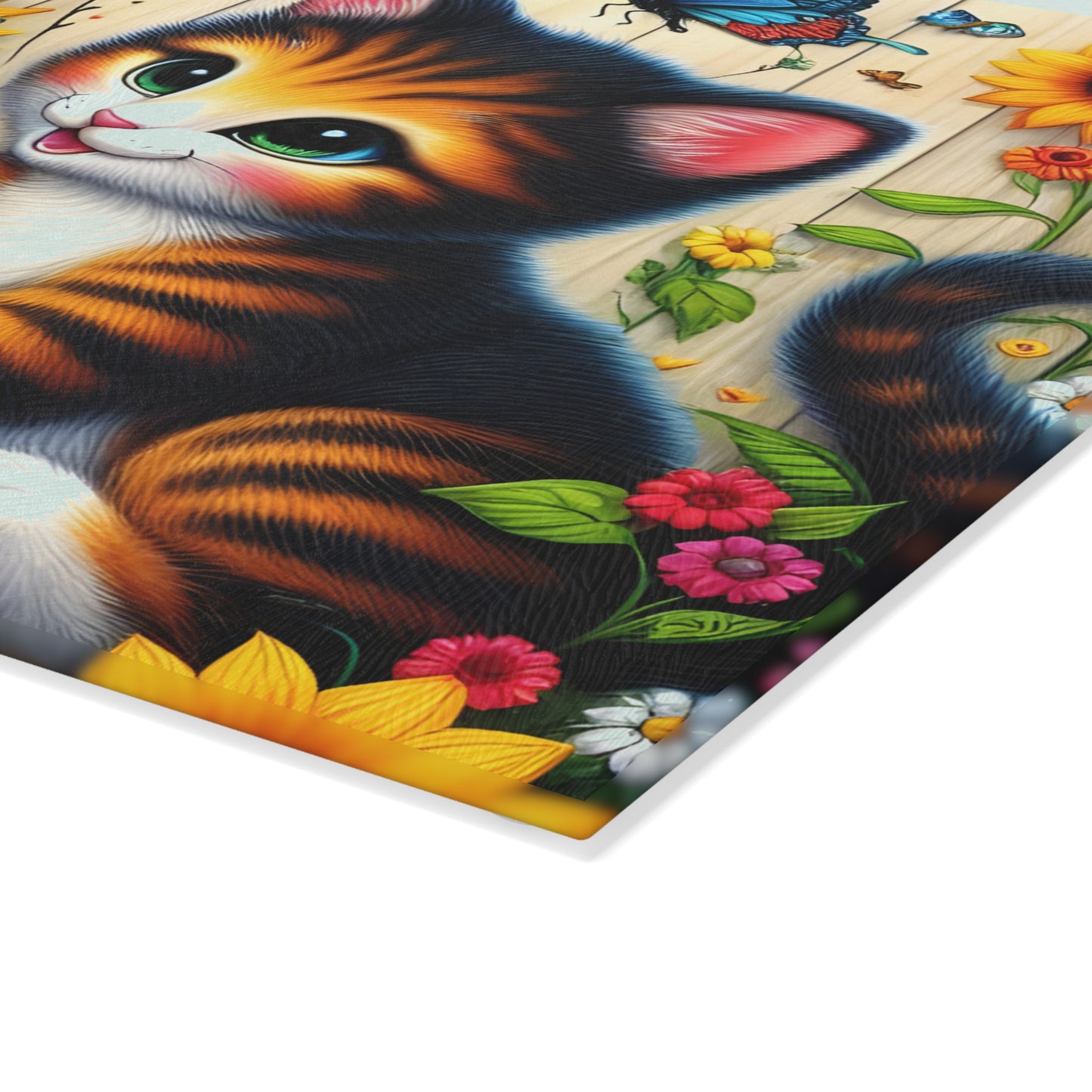 Colorful Cat & Sunflower Glass Cutting Board