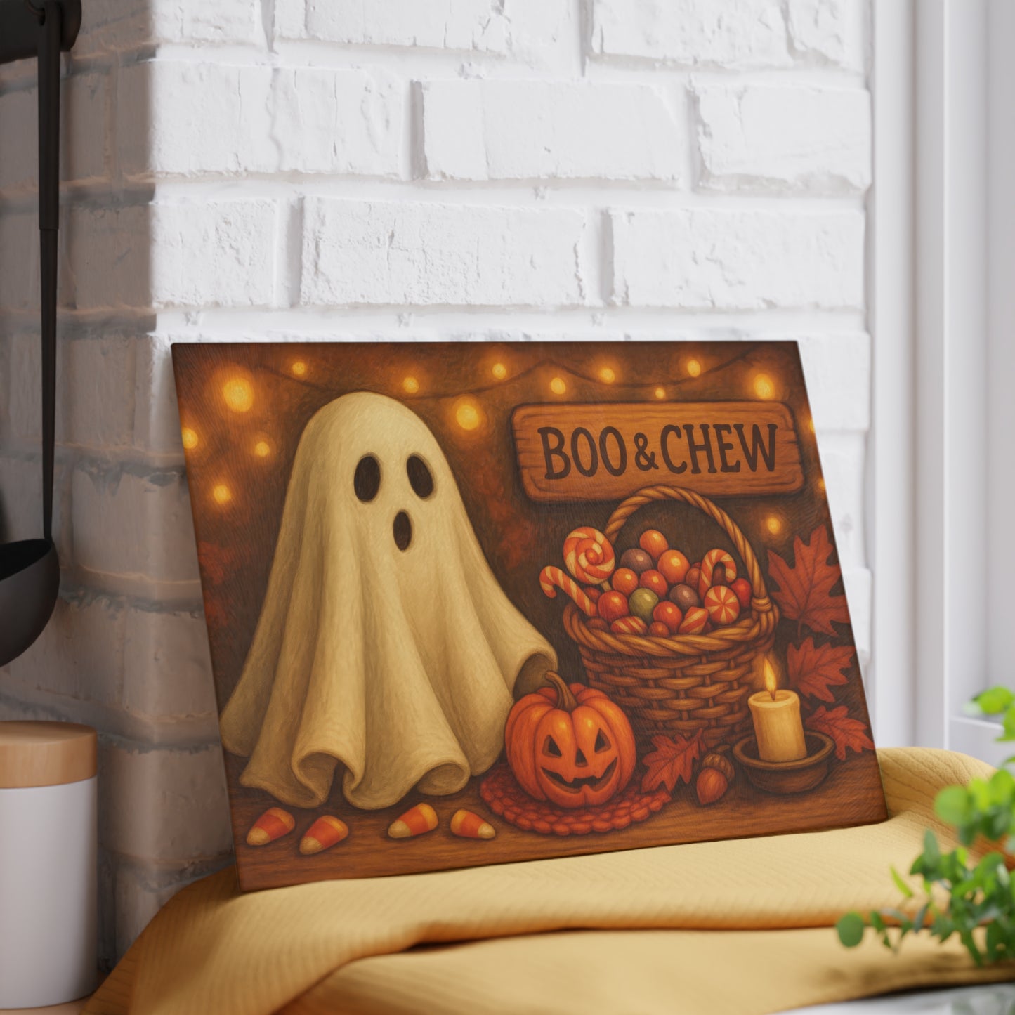 Halloween Themed Glass Cutting Board with 'Boo & Chew' Design