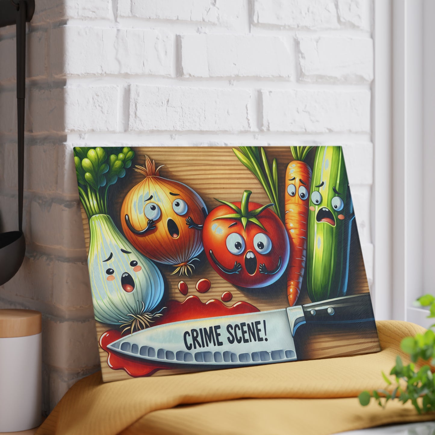 Funny Crime Scene Glass Cutting Board - Cartoon Veggies Design