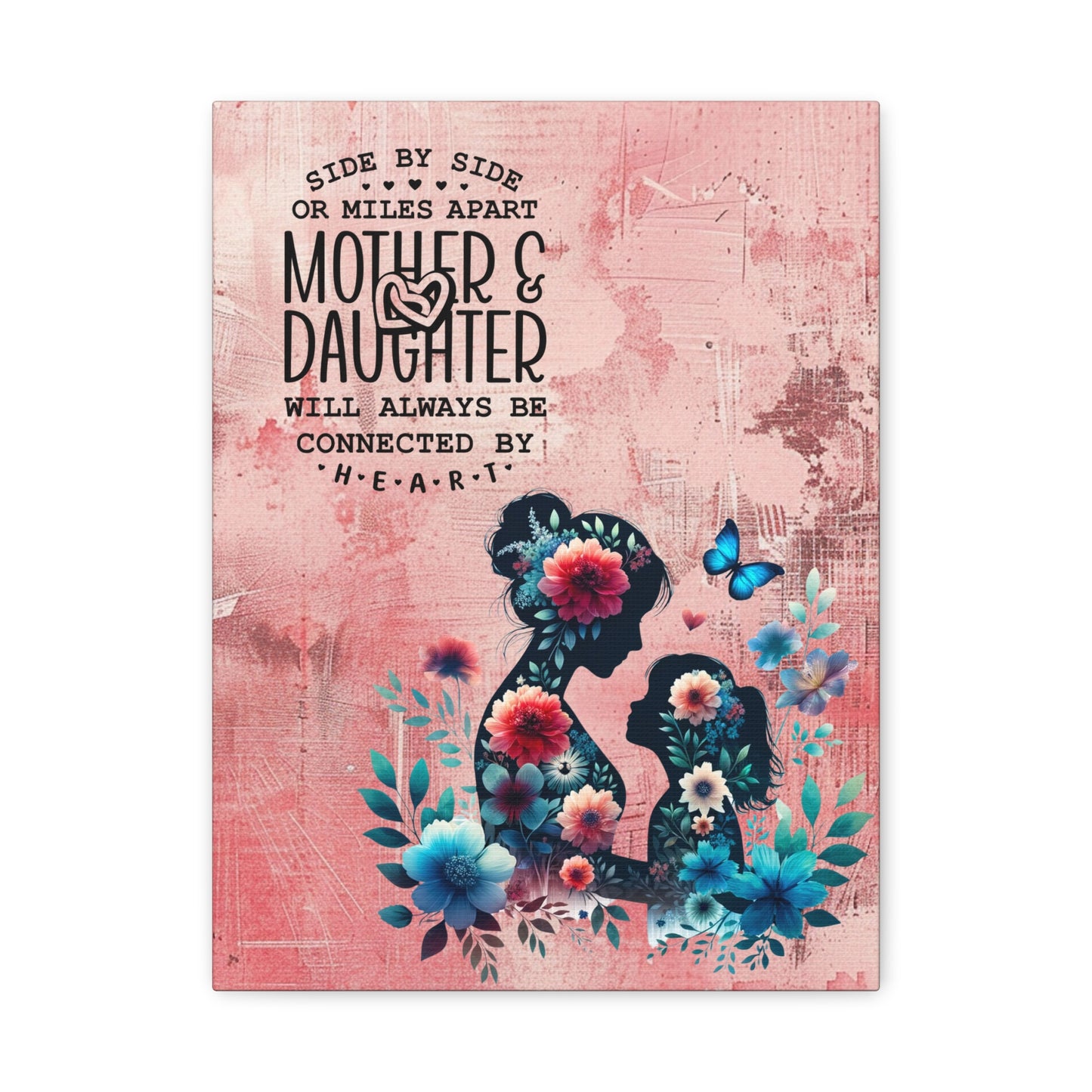 Mother-Daughter Love With Floral And Butterfly Canvas Wall Art Print