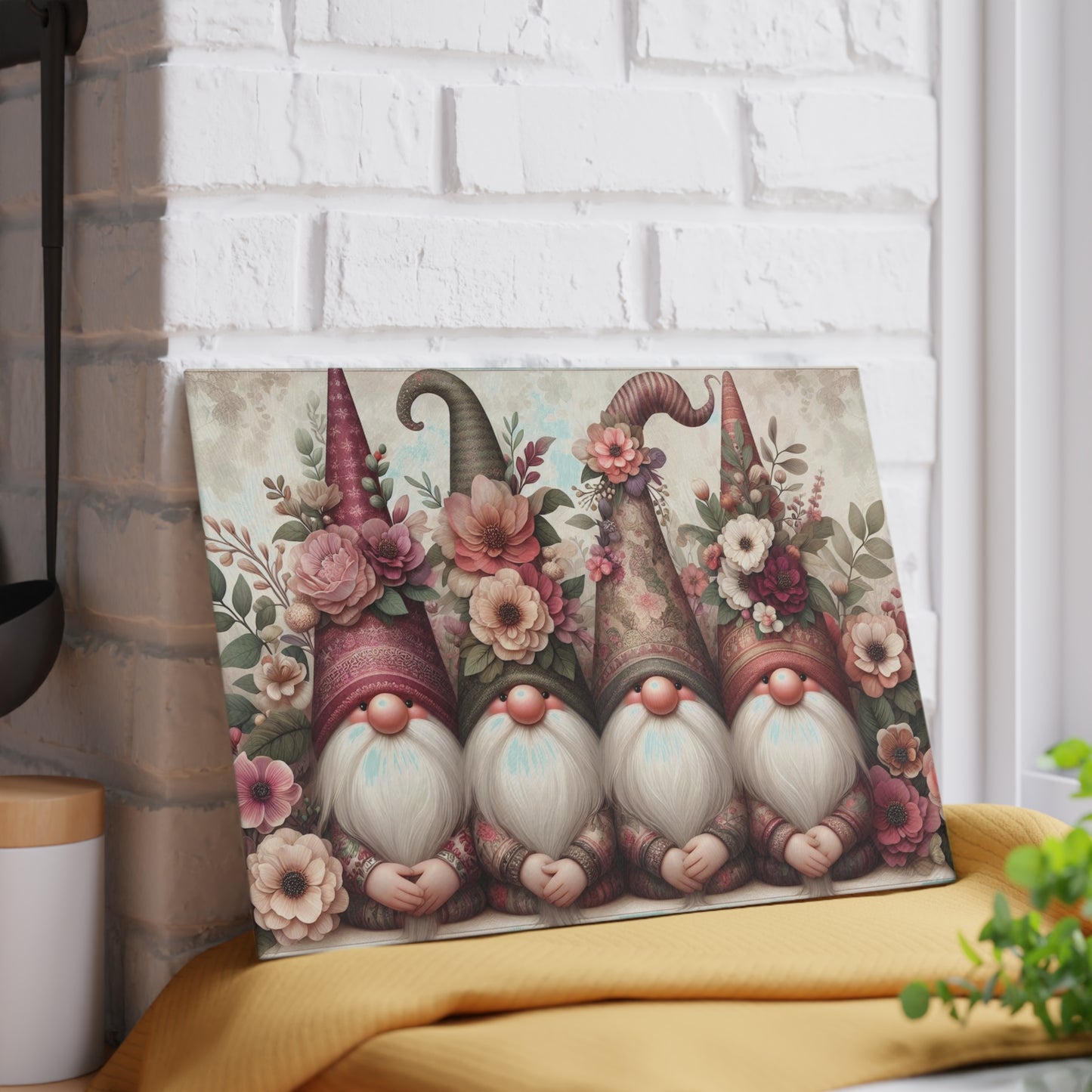 Floral Gnome Glass Cutting Board