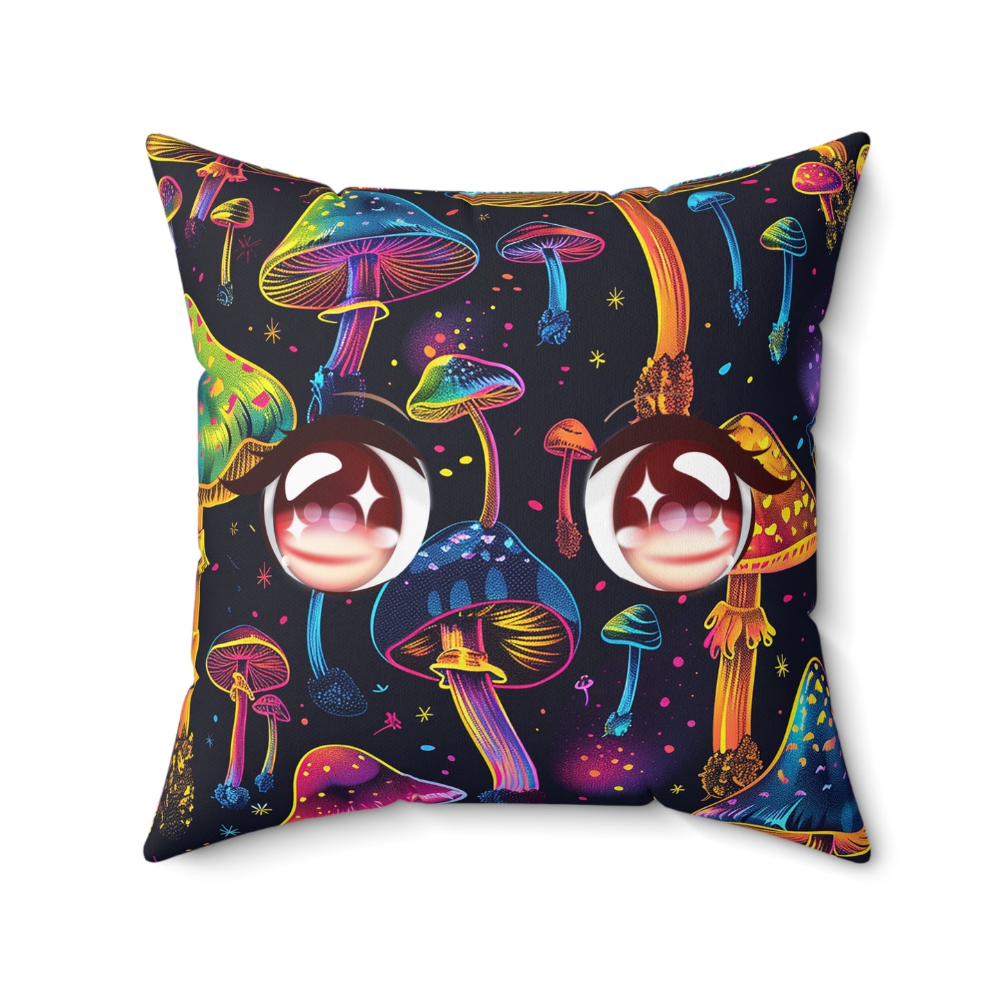 Neon Mushroom Pattern Spun Polyester Square Pillow, Stylish Neon Mushroom Decor for Home or Office, Great Gift Idea for Occasion for Anyone