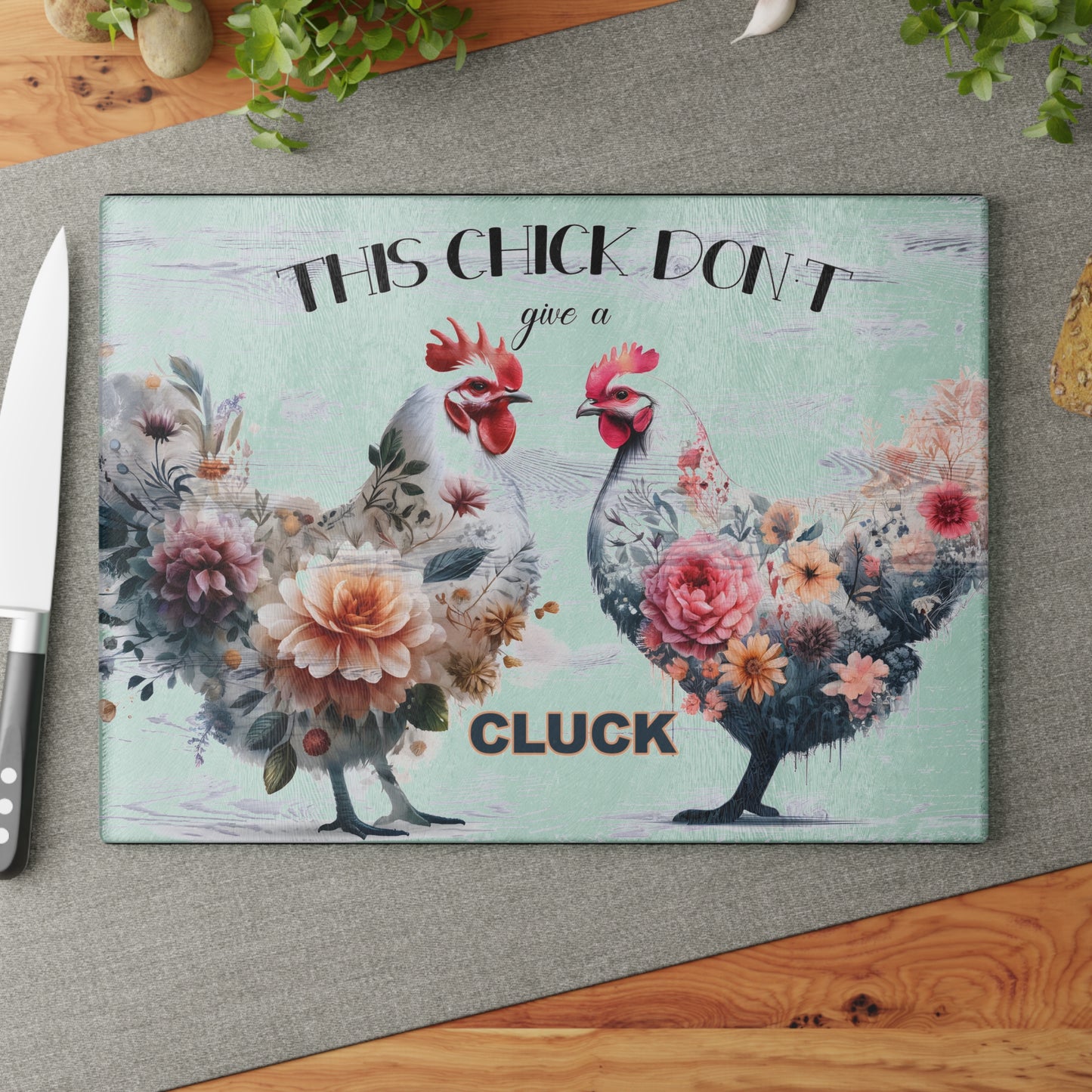 Floral Chicken Glass Cutting Board - Playful Kitchen Decor for Cooking Enthusiasts