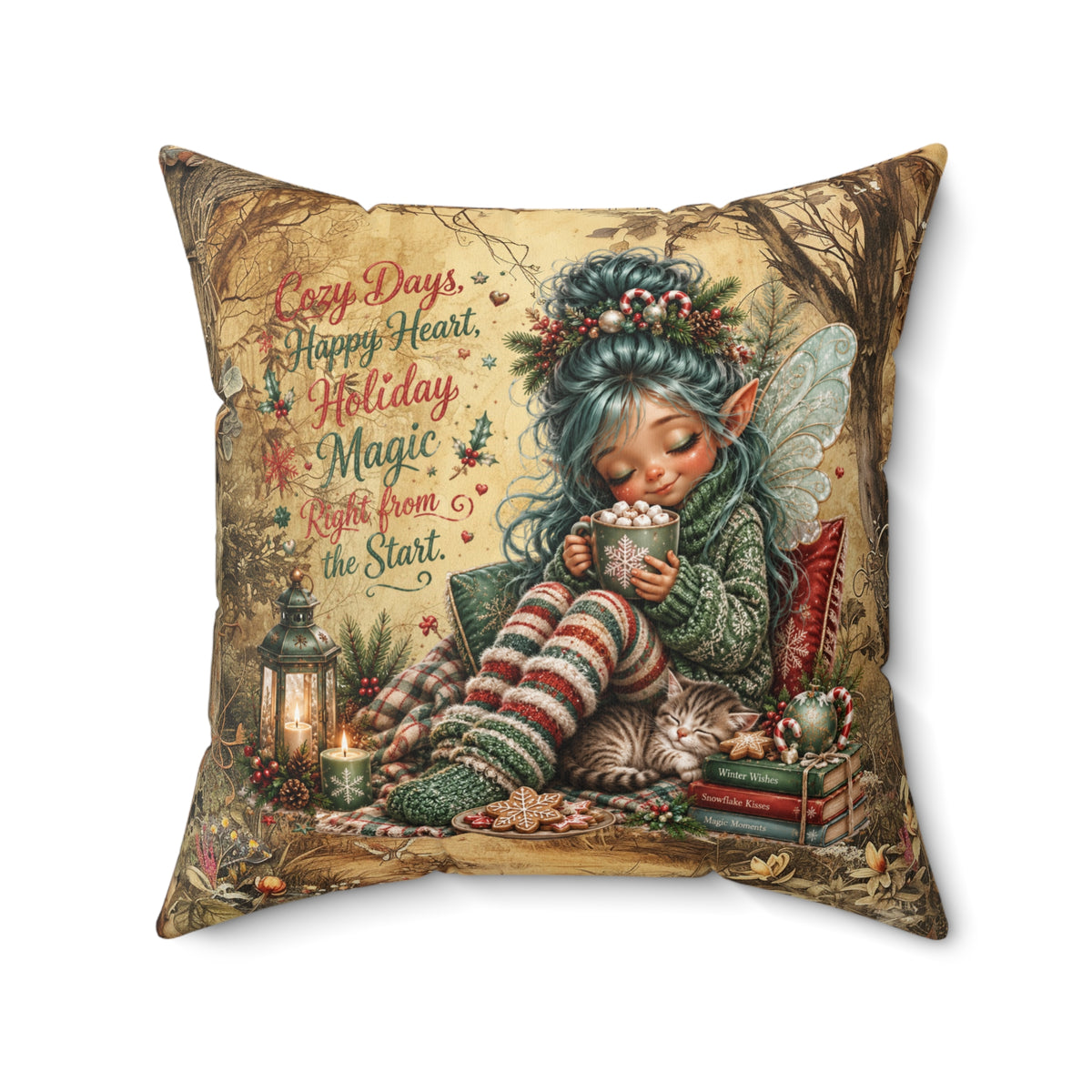 Holiday Elf Pillow — 'Cozy Days, Happy Heart, Holiday Magic' Faux Suede Holiday Throw Pillow