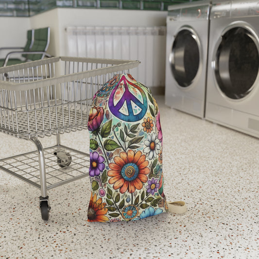 Bohemian Peace Floral "Sorting Out My Life" saying Laundry Bag — Drawstring Hippie Laundry Sack